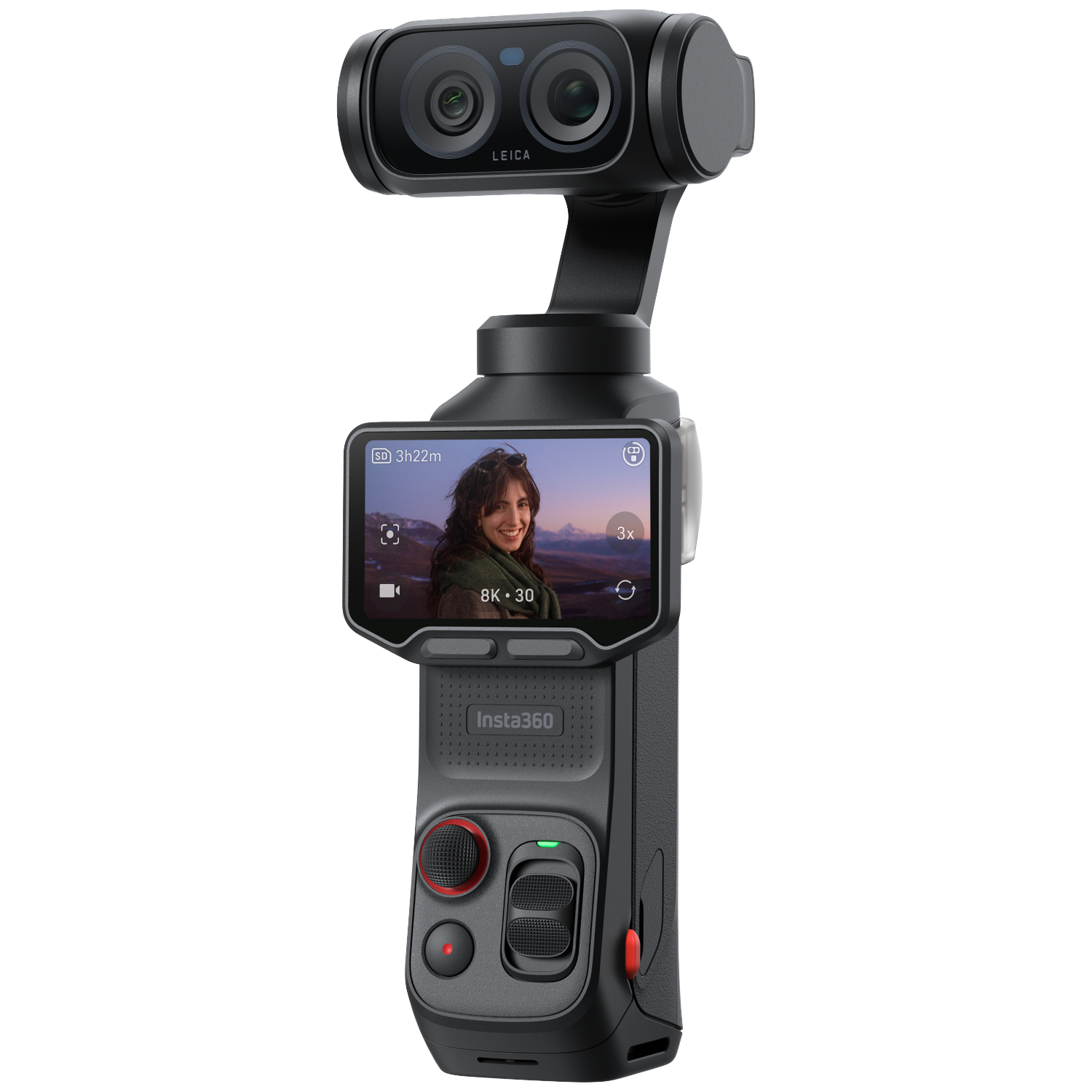 Een zwarte gimbal met dubbele lenzen, met Leica-branding. Een scherm toont een vrouw.