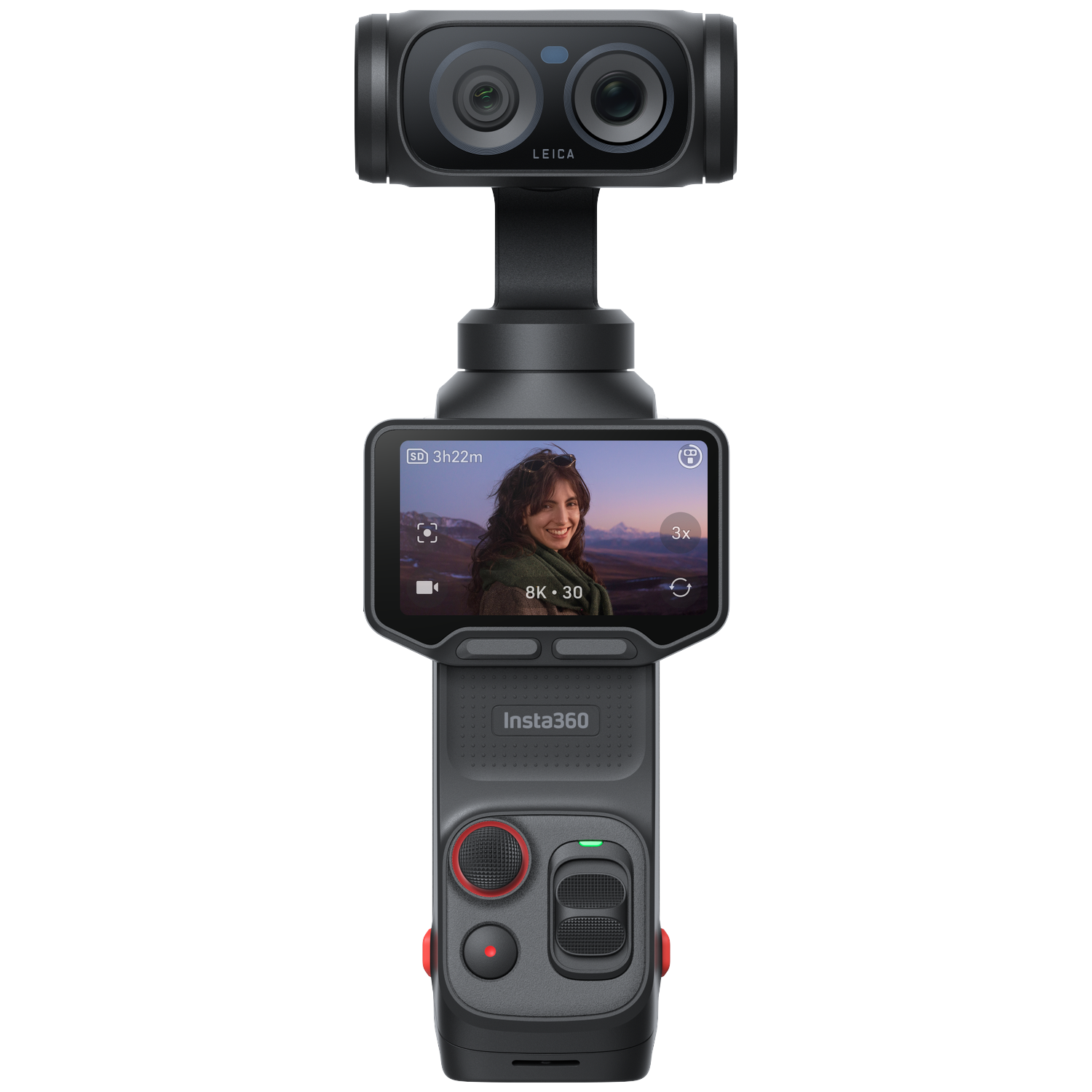 Een zwarte gimbal met dubbele lens bovenaan en touchscreen eronder.