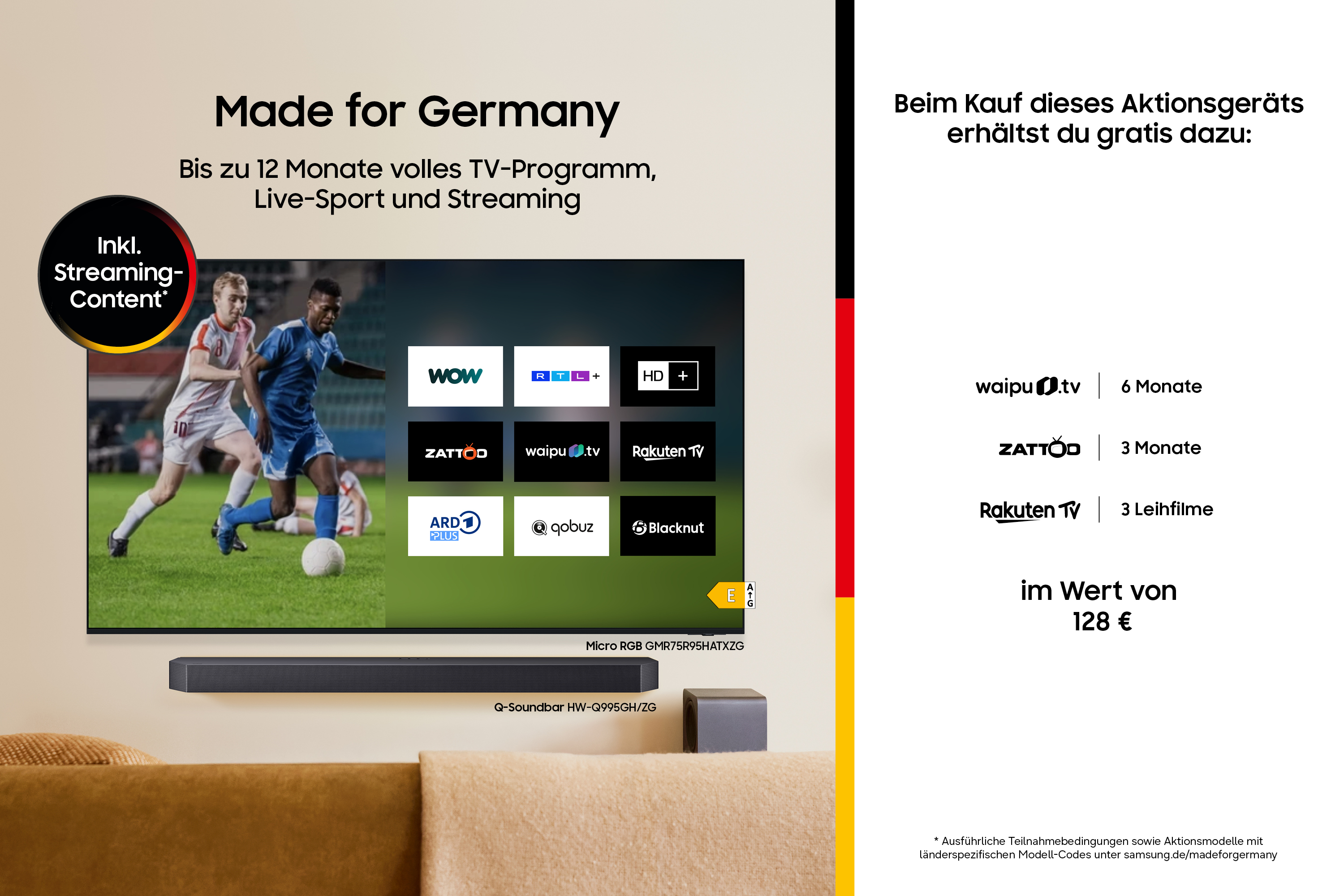 Fußballspiel auf einem Samsung TV mit Werbung für Streaming-Dienste und Soundbar.