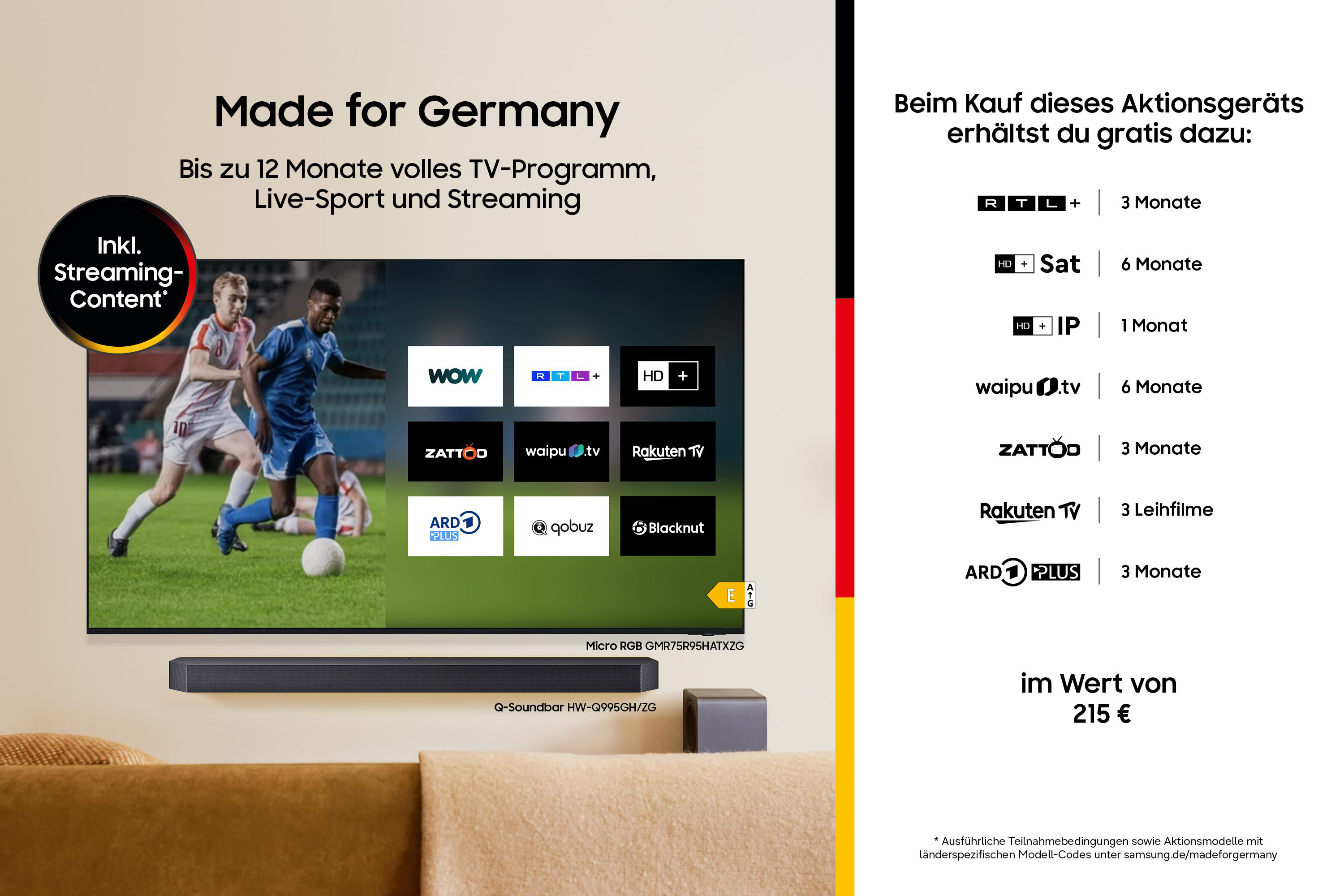 Werbung: TV-Gerät mit Fußballspiel, Soundbar und Streaming-Dienste-Angebot.