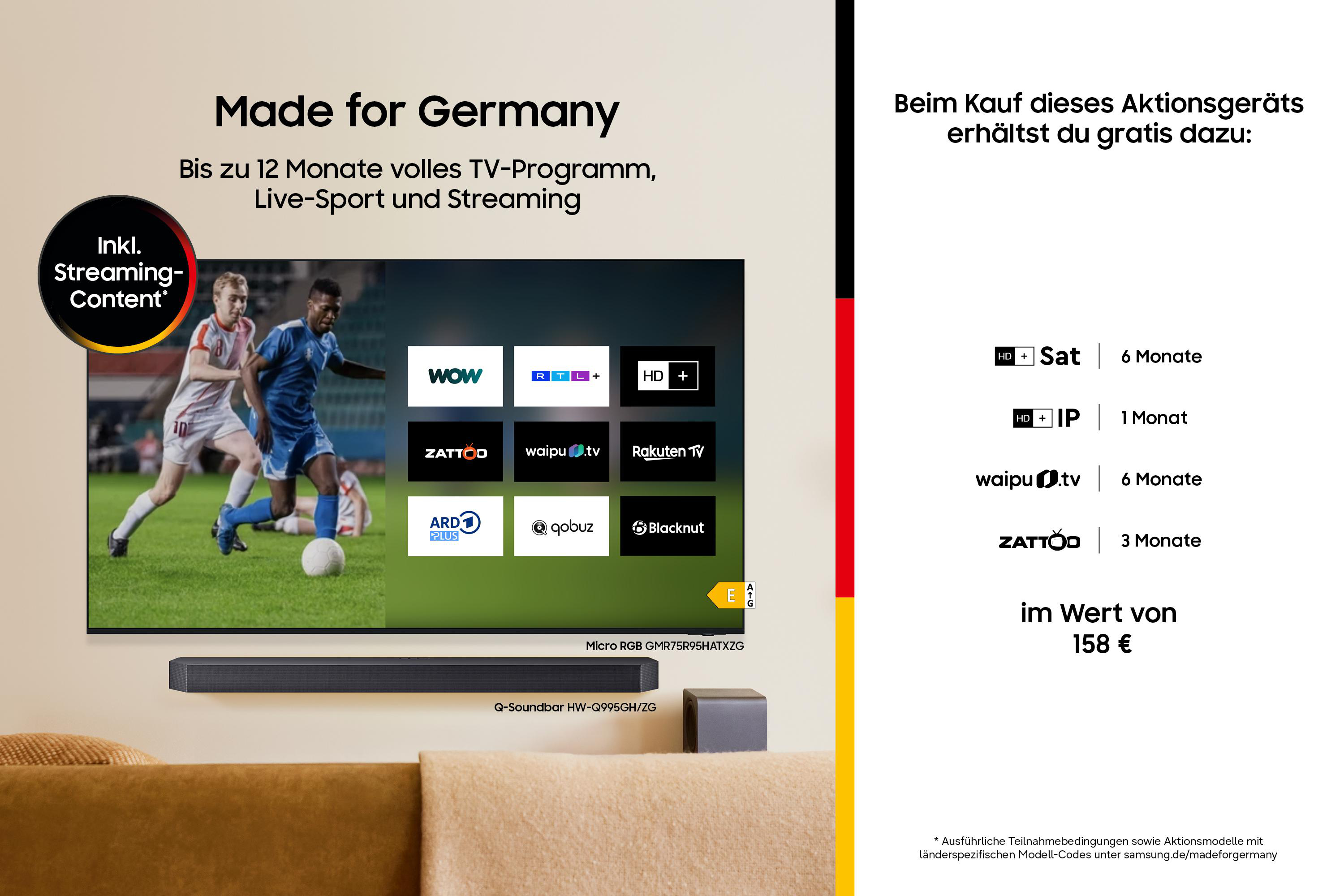 TV mit Fußballern, Apps und Soundbar. Angebote für TV-Abos im Wert von 158€.