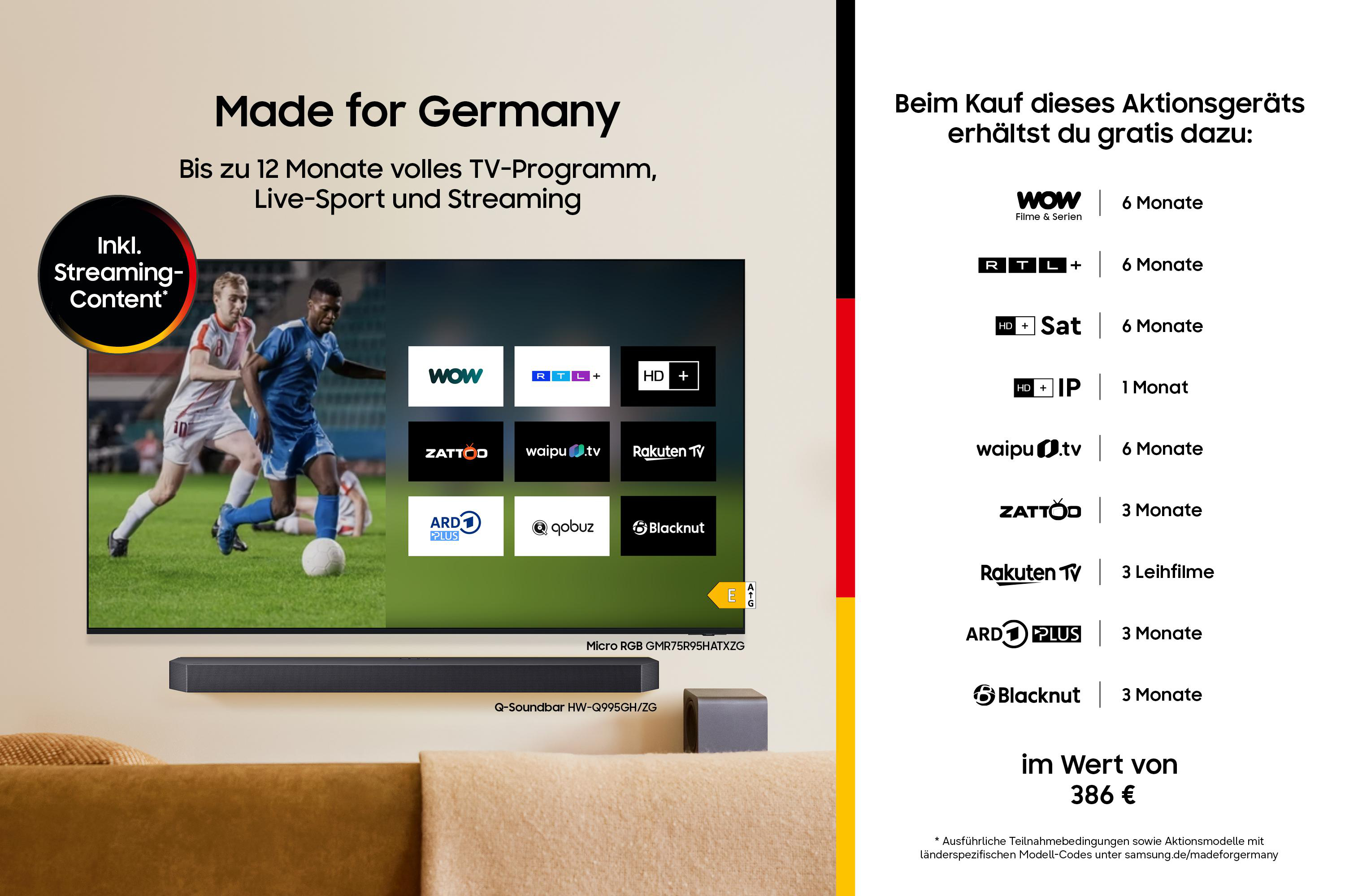 Ein Samsung TV mit Fußballern, Streaming-Apps und Soundbar. "Made for Germany" Angebot.