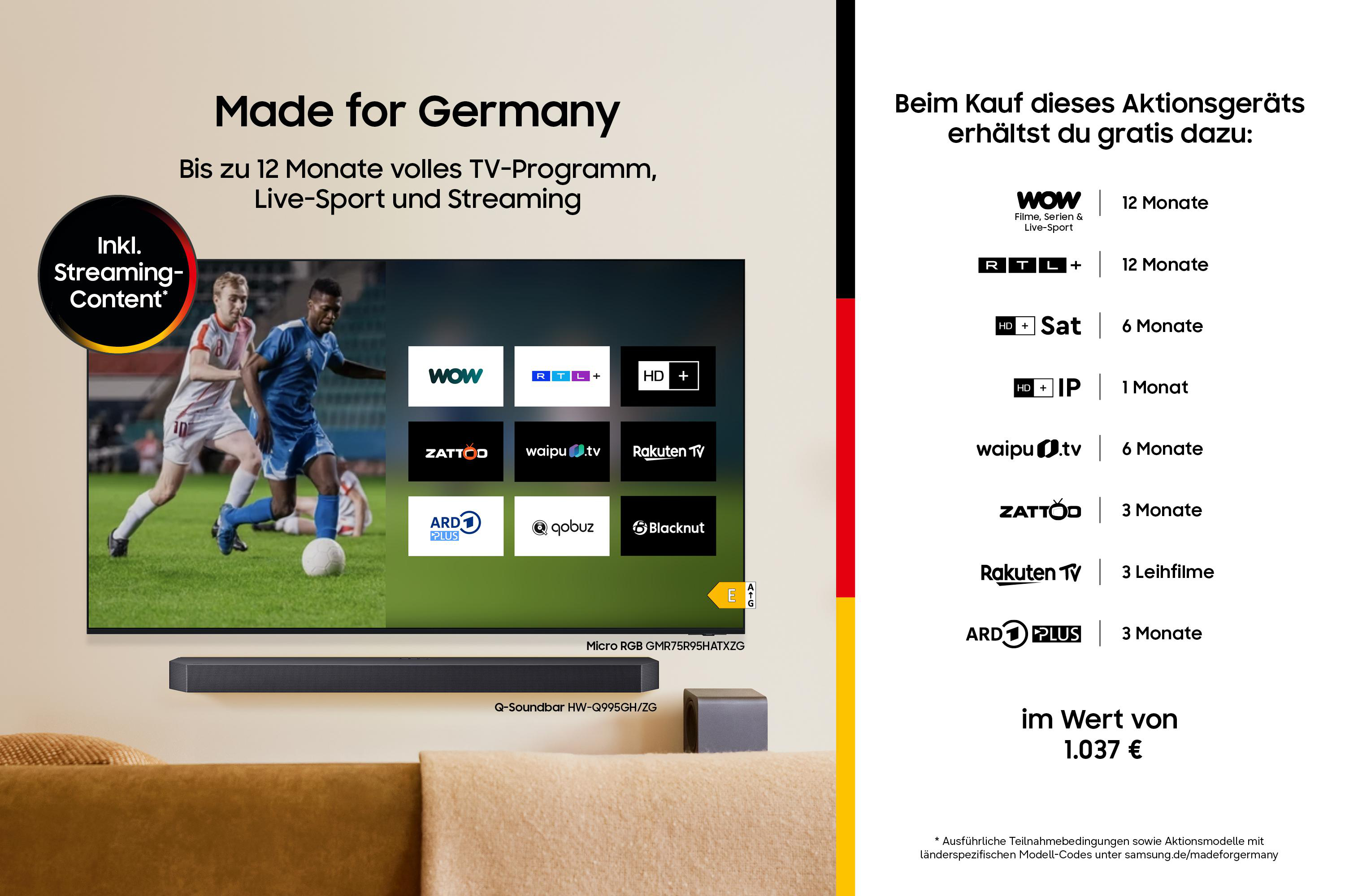Ein Samsung TV mit Fußballspiel, Soundbar und Logos von Streamingdiensten.