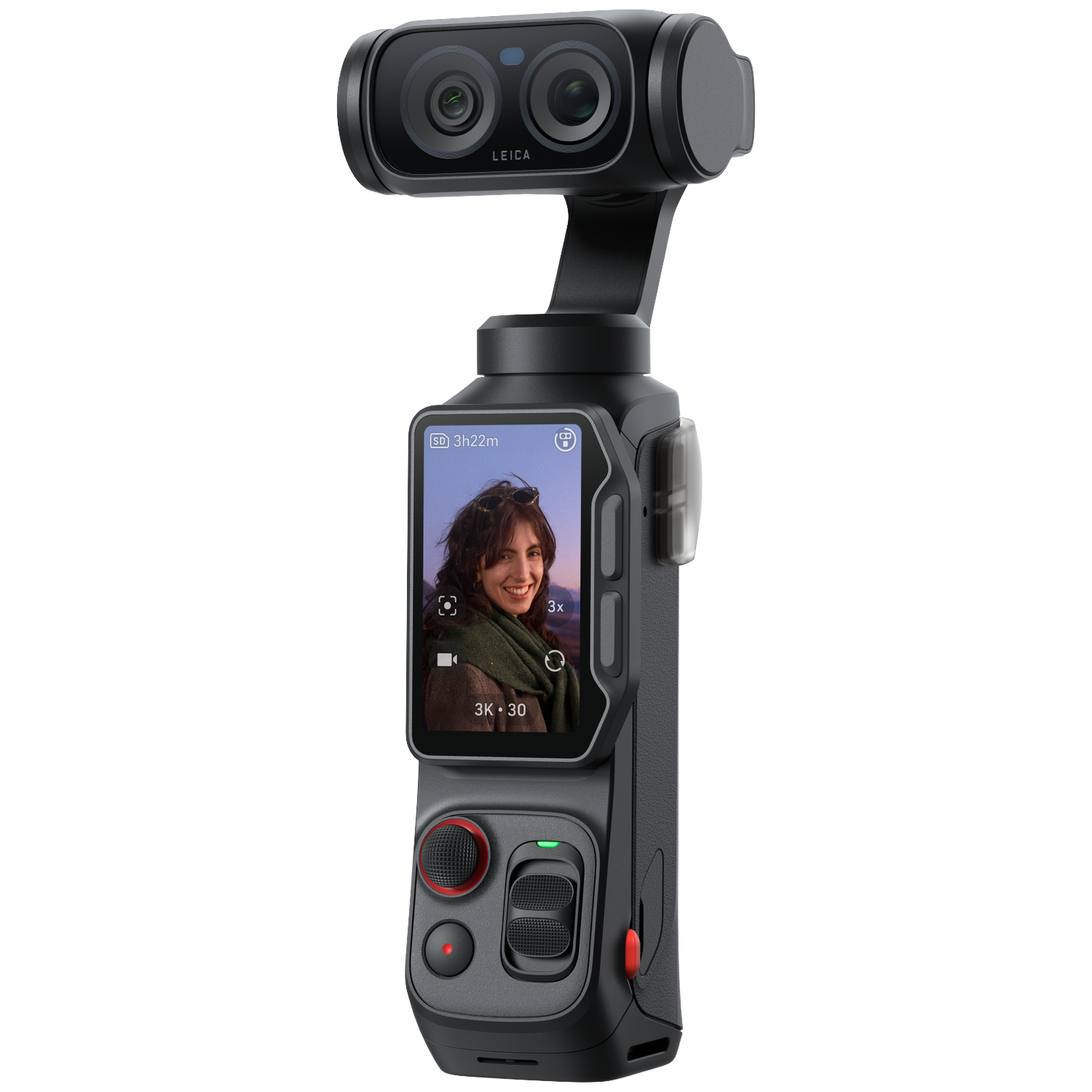 Compacte zwarte camera met Leica-lens en touchscreen met lachende vrouw.