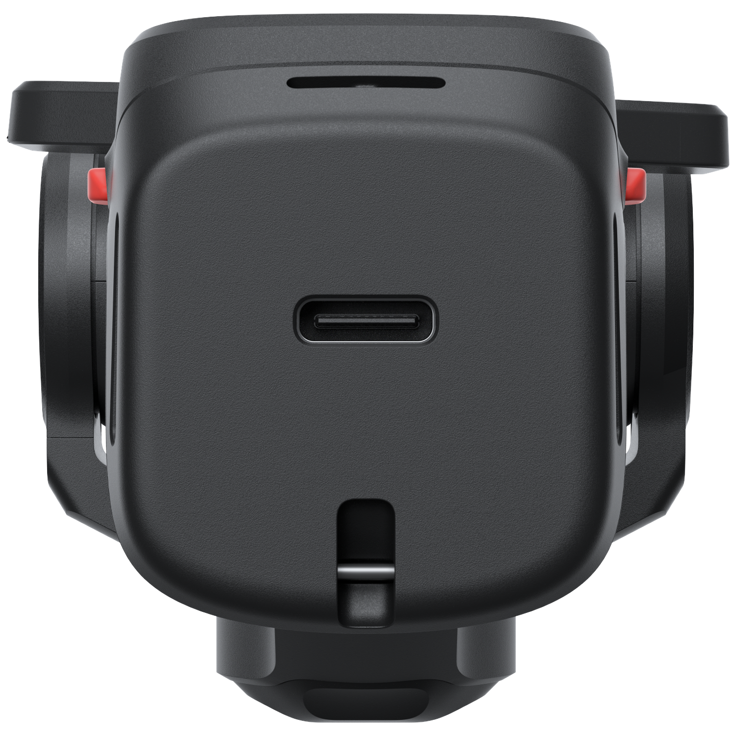 Zwarte camerabehuizing met USB-C-poort, rode accenten en een sleuf.