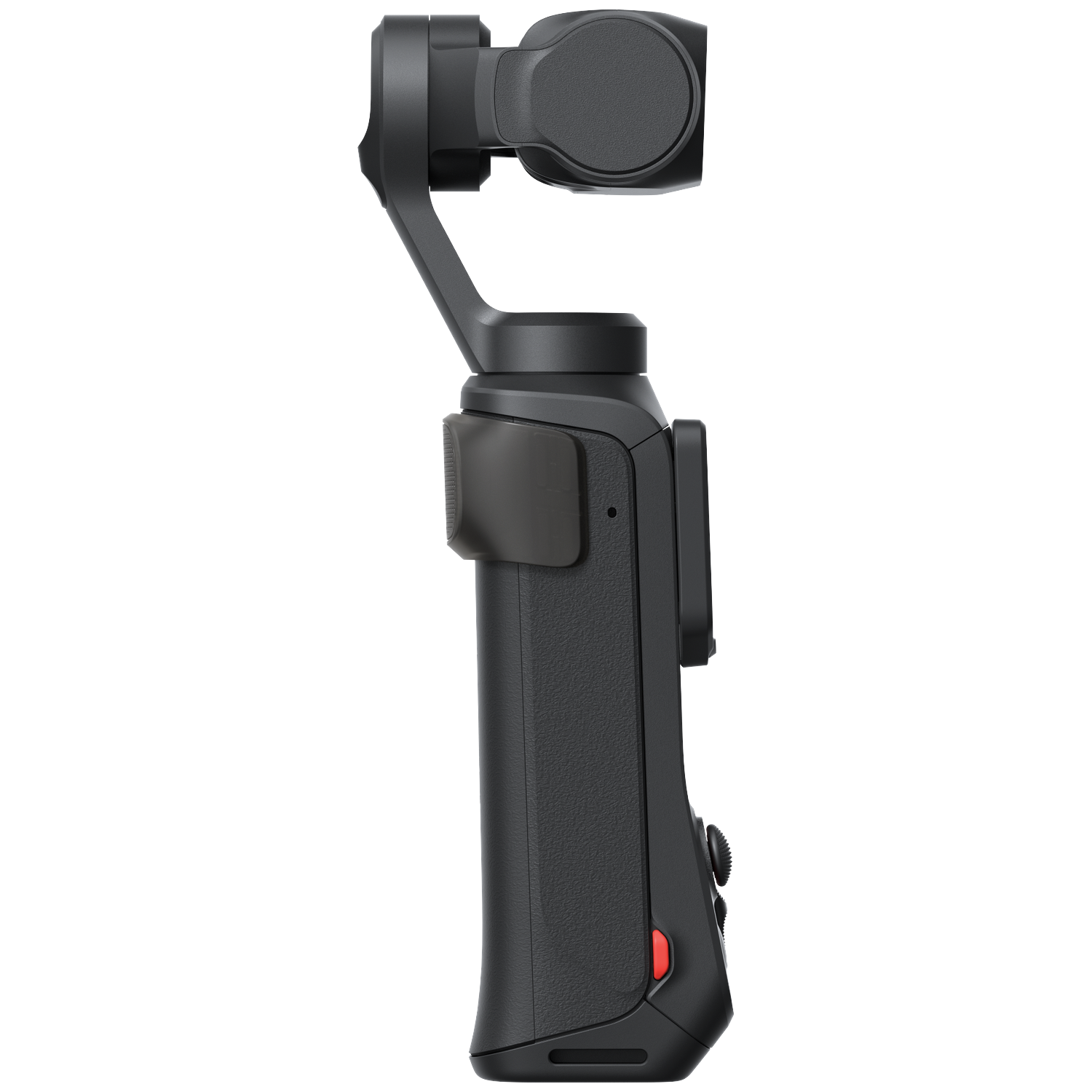 Zwarte gimbal met handvat, bedieningselementen en scharnierende arm.