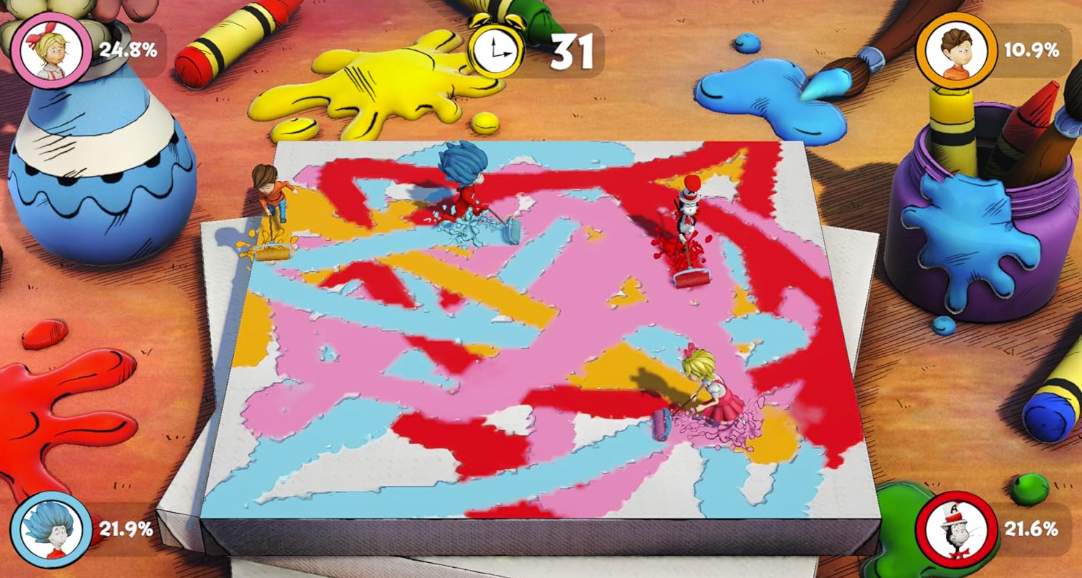 Vier Kinder malen auf einer Leinwand mit roten, blauen, gelben und rosa Farben.