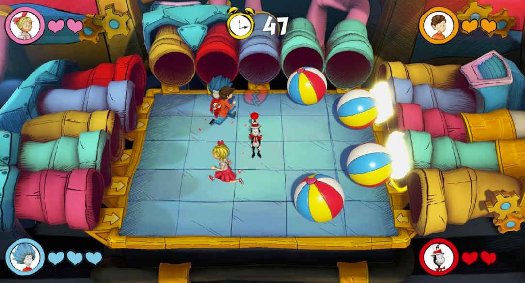 Vier Kinder rennen auf einem blauen Boden vor bunten Rohren, Spielbälle liegen herum.