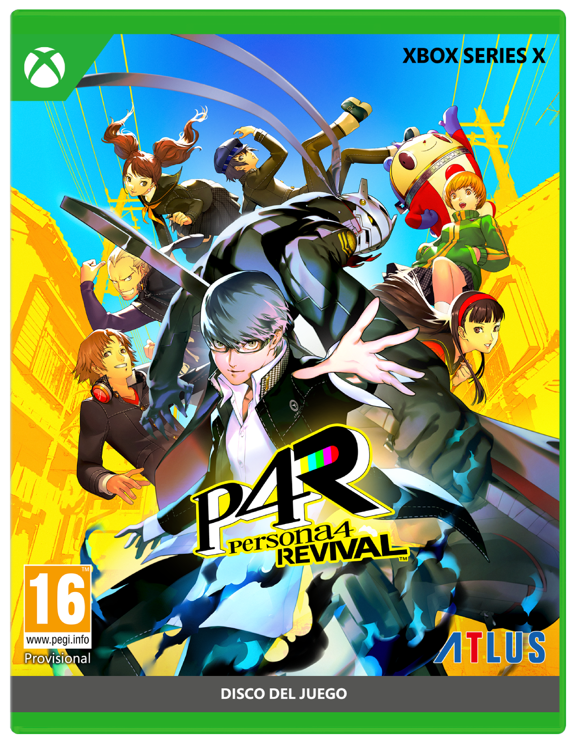 Personajes de anime volando ante fondo amarillo, logo de "Persona 4 Arena".