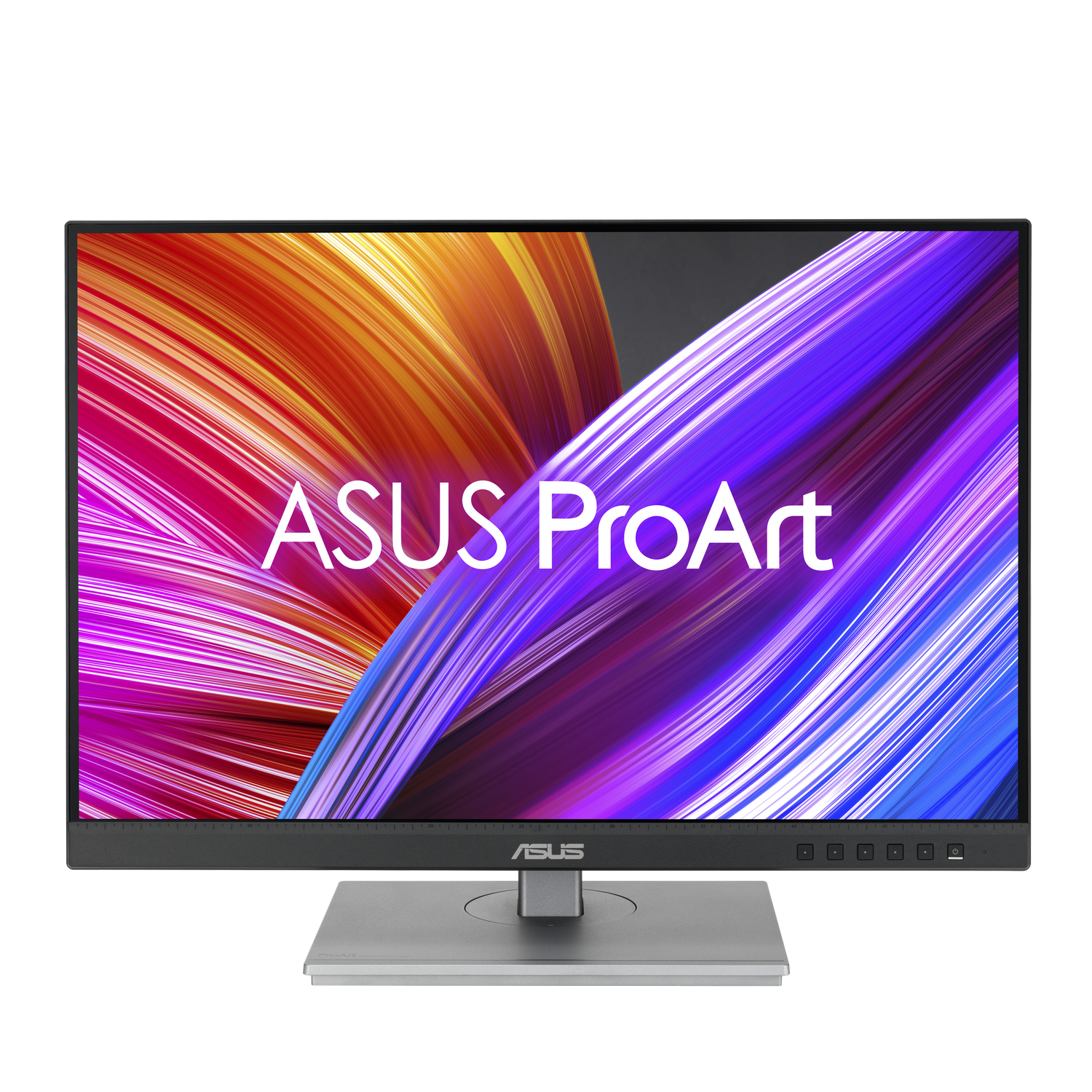 Un monitor Asus ProArt muestra gráficos abstractos de fondo coloridos.