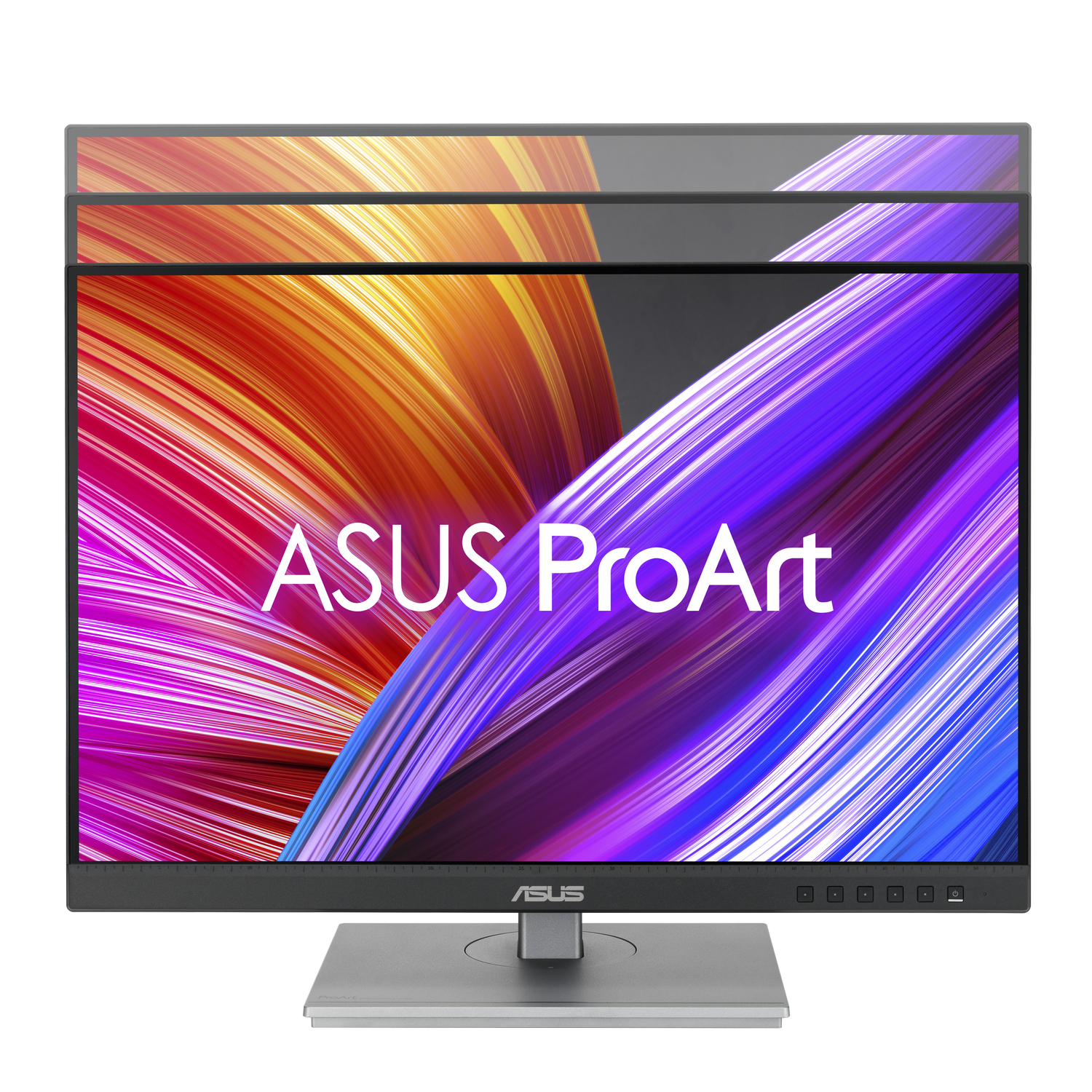 Un monitor ASUS ProArt muestra un fondo abstracto colorido con botones de control.