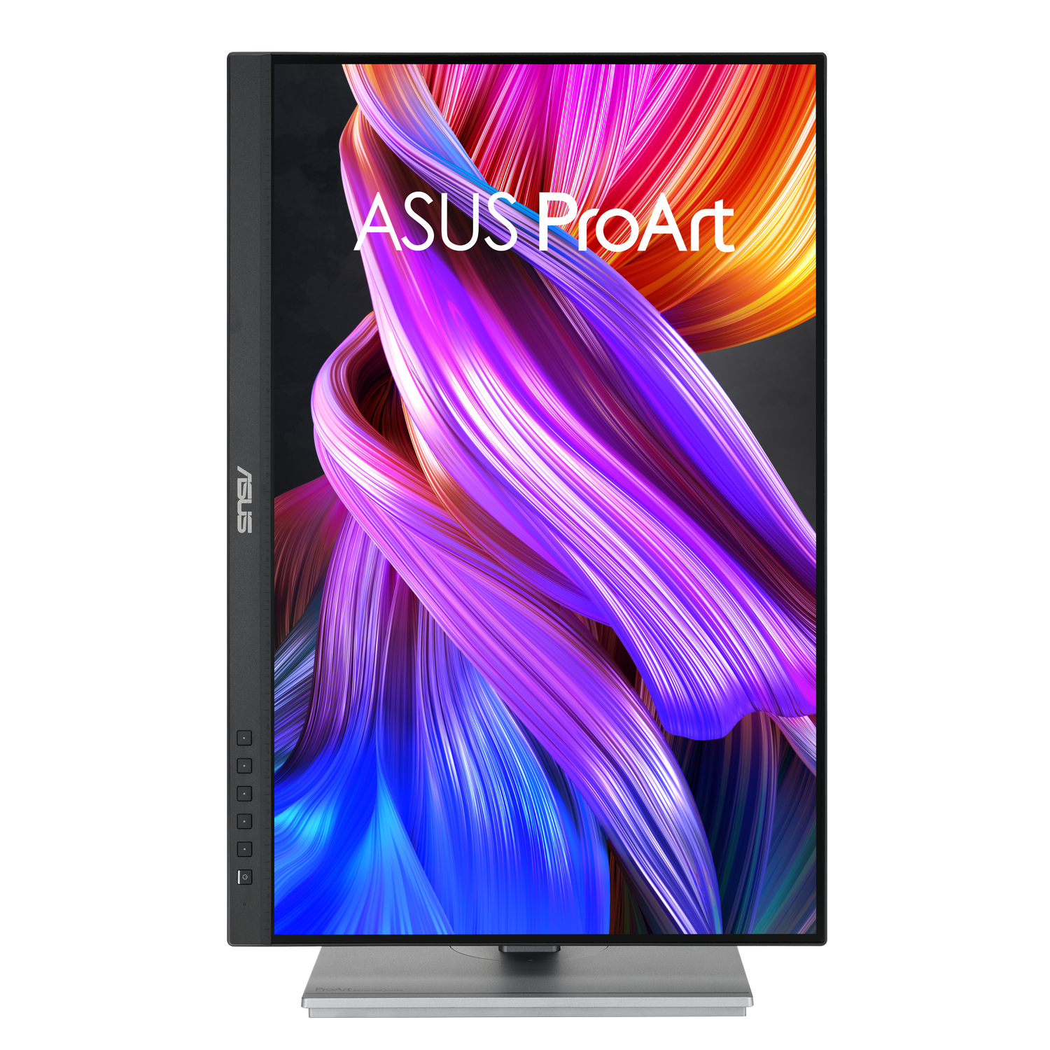 Un monitor ASUS ProArt que muestra un fondo abstracto y colorido.