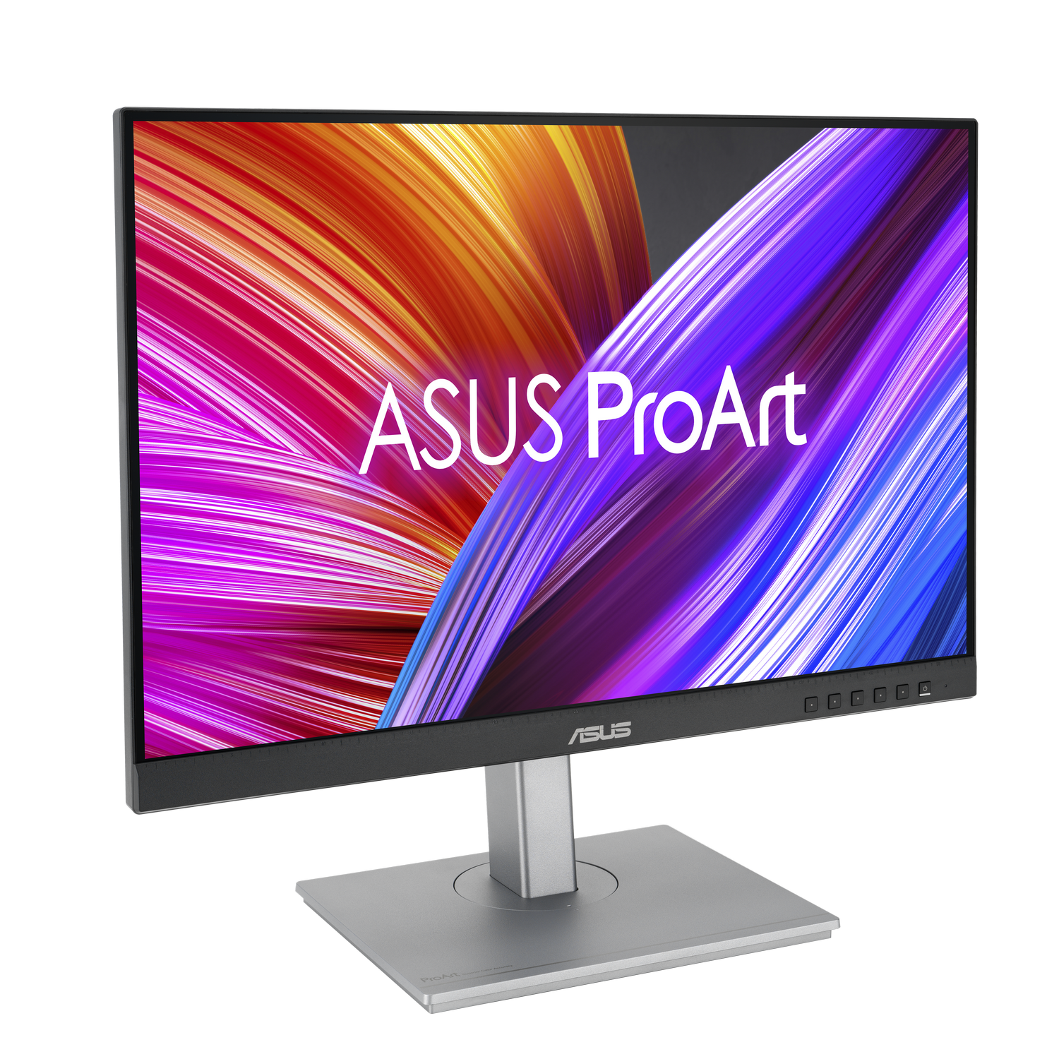 Un monitor ASUS ProArt que muestra un fondo abstracto y colorido.