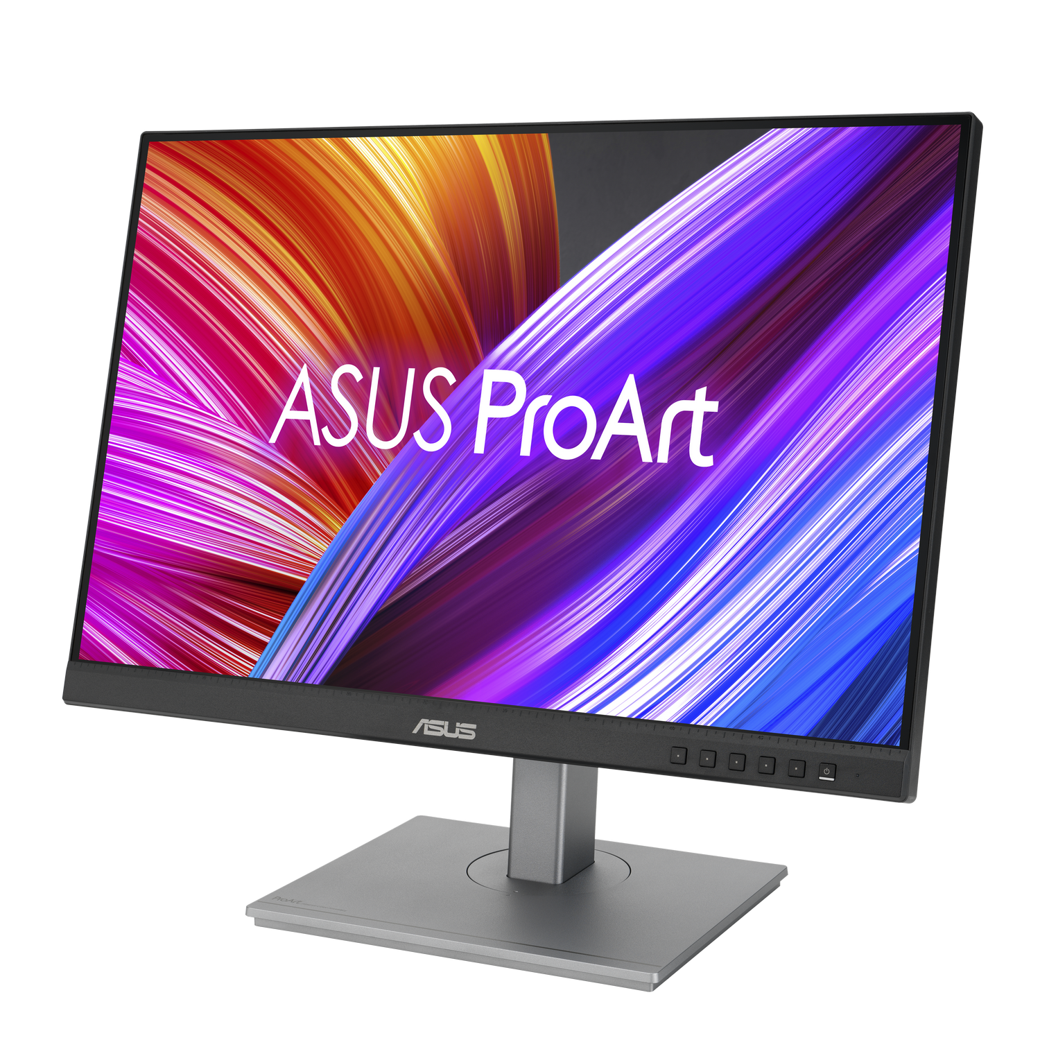 Un monitor Asus ProArt con un vibrante fondo abstracto en la pantalla.