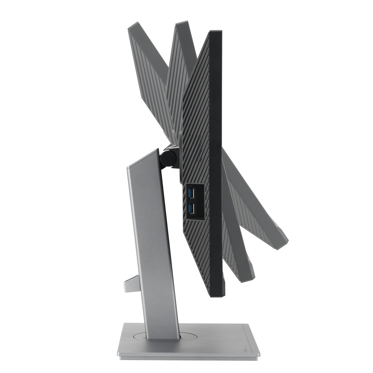Soporte de monitor plateado con pantalla negra, visto de lado.