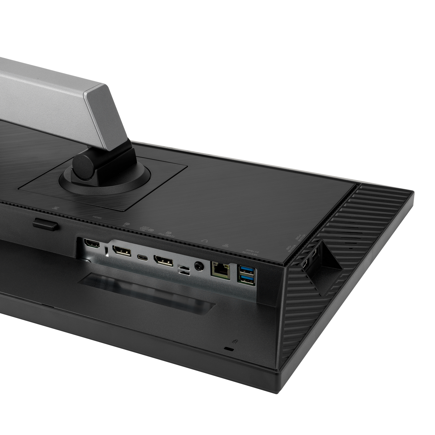 Parte trasera de un monitor con puertos: HDMI, USB-C, DisplayPort, USB-A.