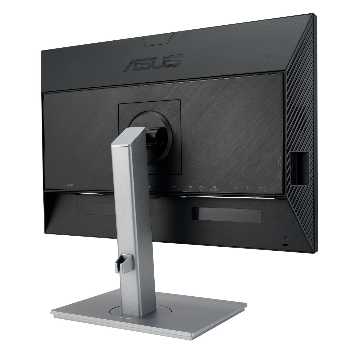 Vista trasera de un monitor ASUS negro con soporte plateado sobre fondo negro.