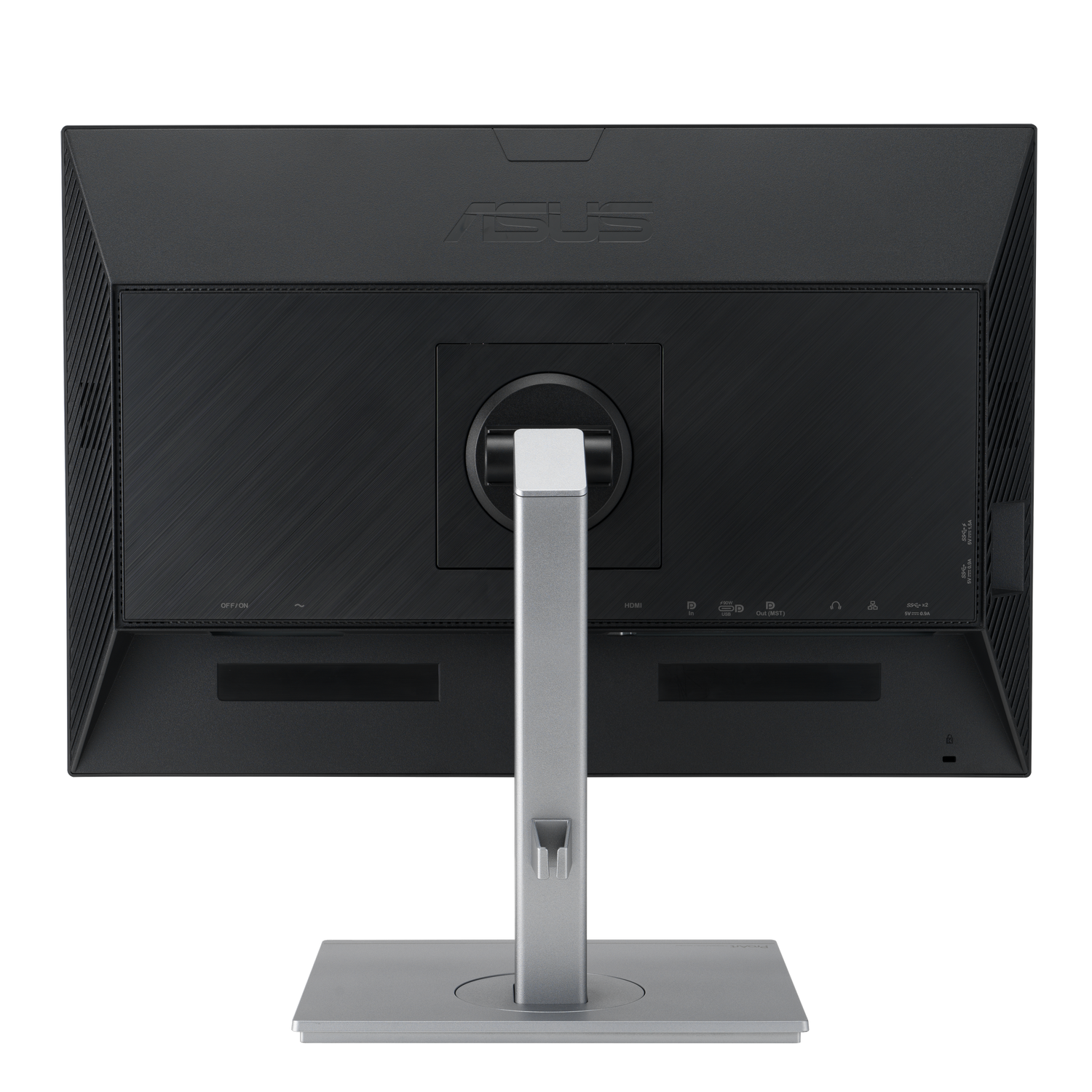 Parte trasera de un monitor ASUS negro con soporte plateado y puertos.