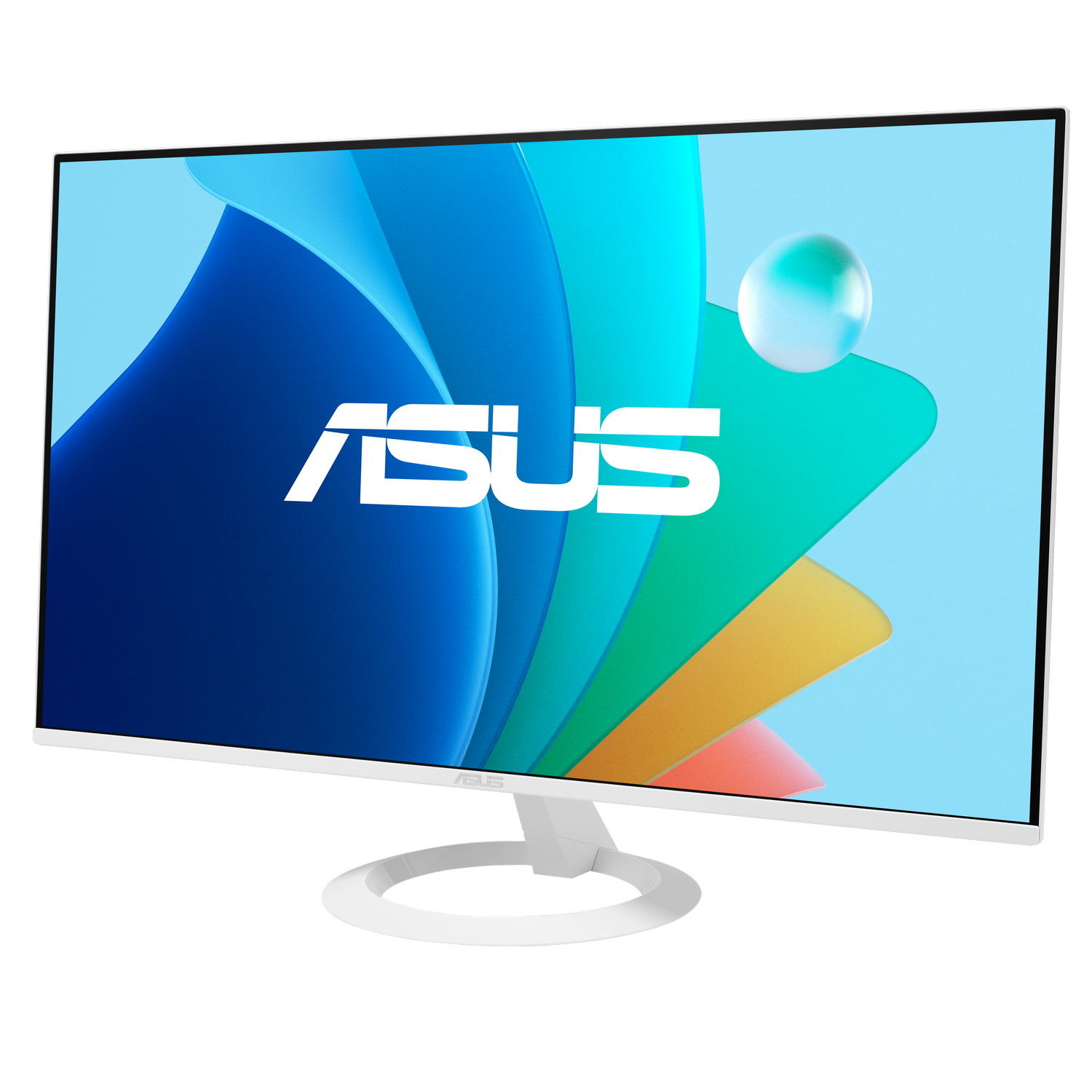 Un monitor ASUS blanco muestra un fondo abstracto y colorido y una esfera de cristal.