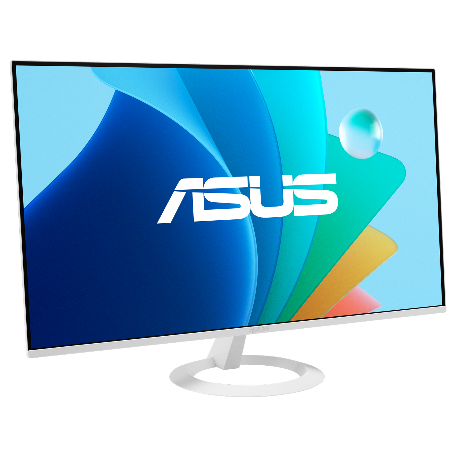 Un monitor ASUS blanco muestra un fondo abstracto azul y colorido.