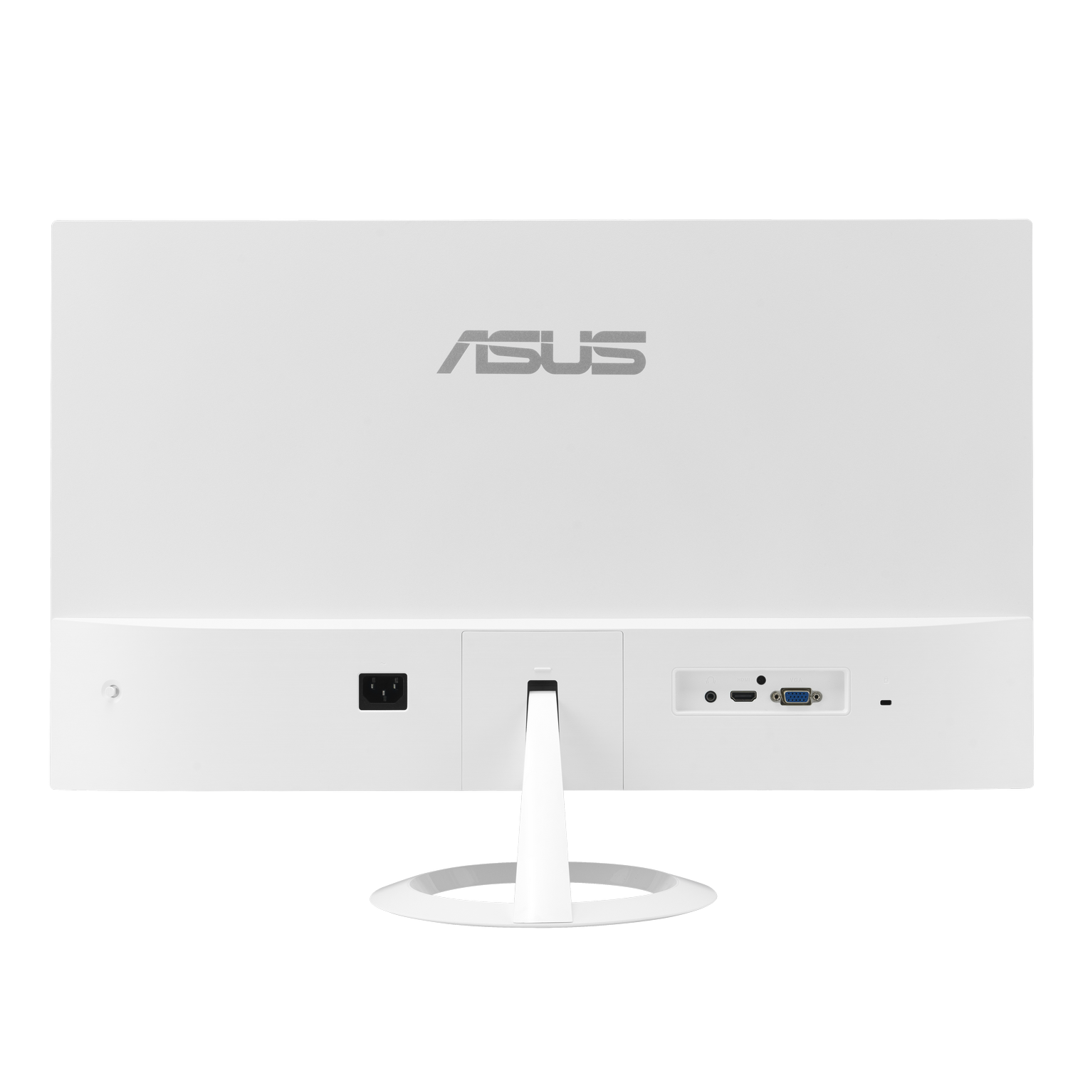Parte trasera de un monitor ASUS blanco con puertos y soporte.