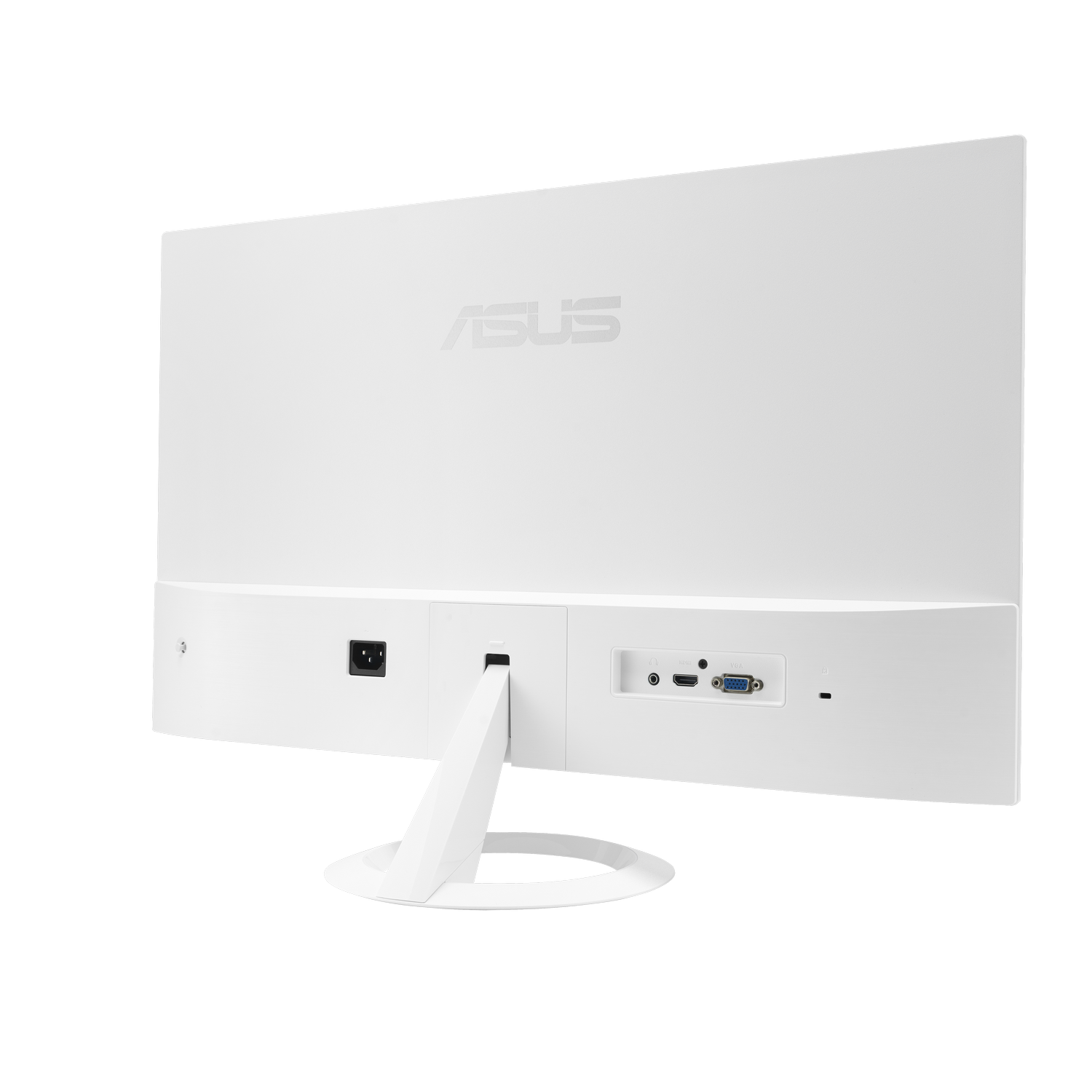 Vista trasera de un monitor Asus blanco con puertos y base.