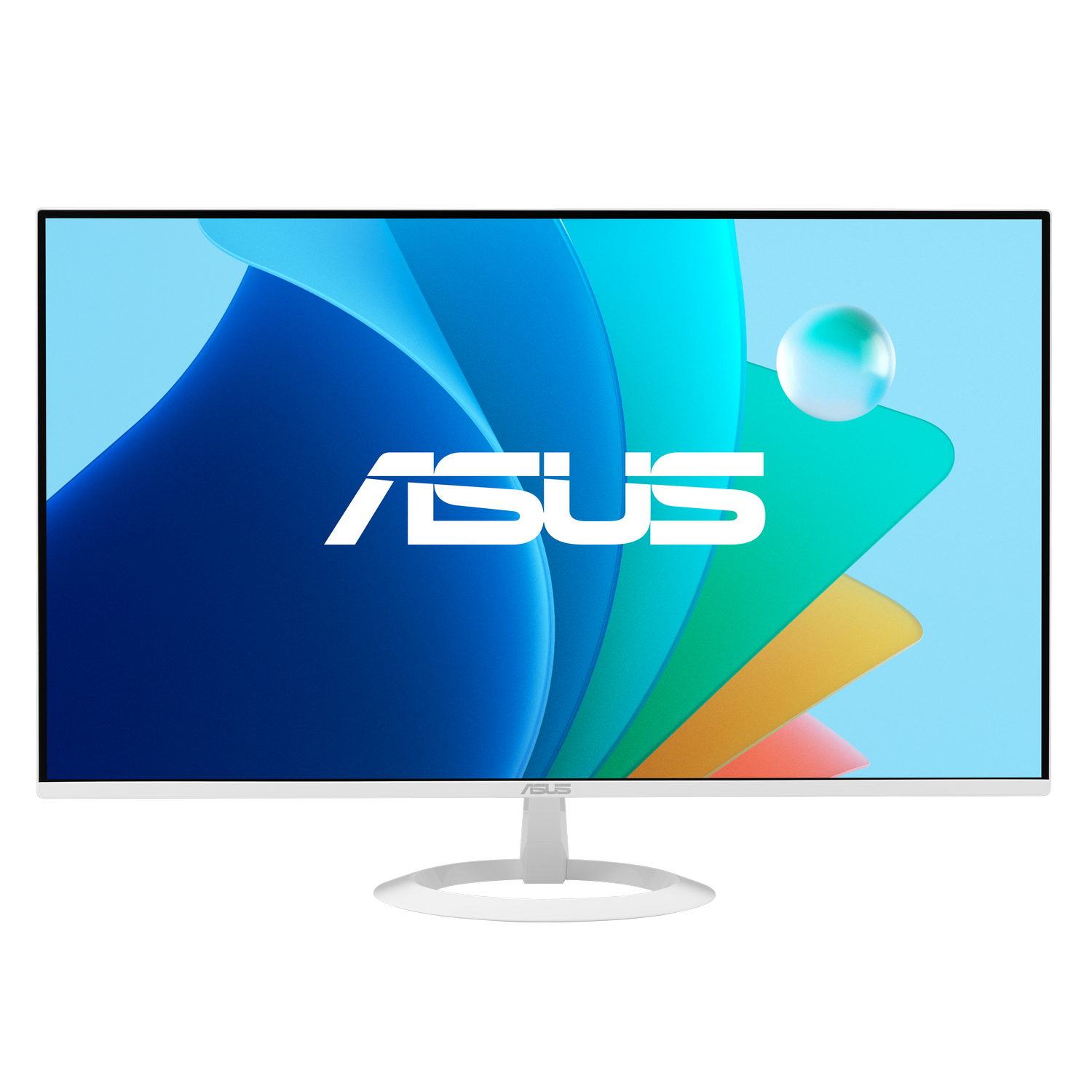 Monitor ASUS blanco con fondo abstracto colorido y logo de ASUS.