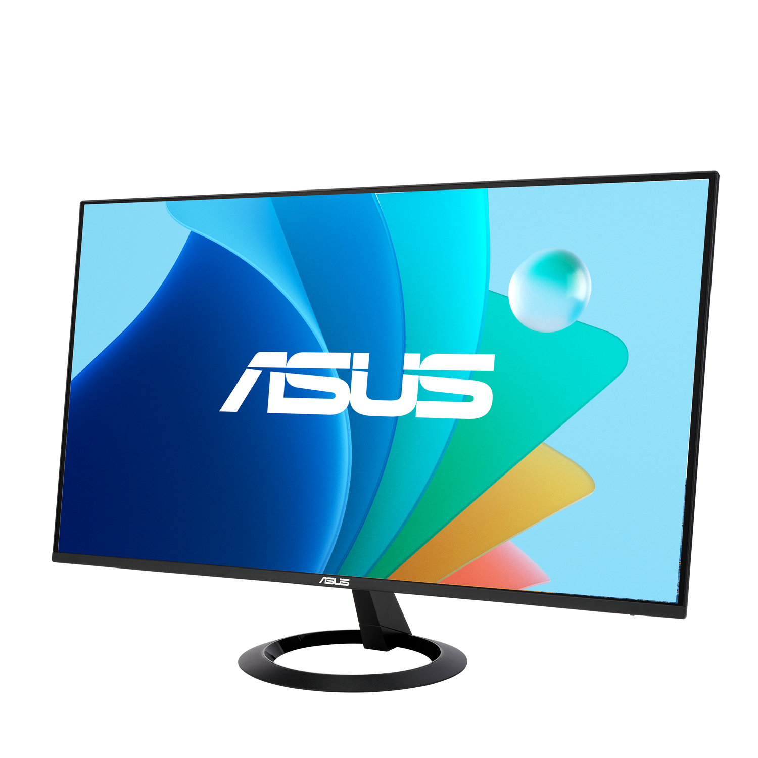Un monitor ASUS mostrando un fondo de pantalla colorido con el logo de ASUS.