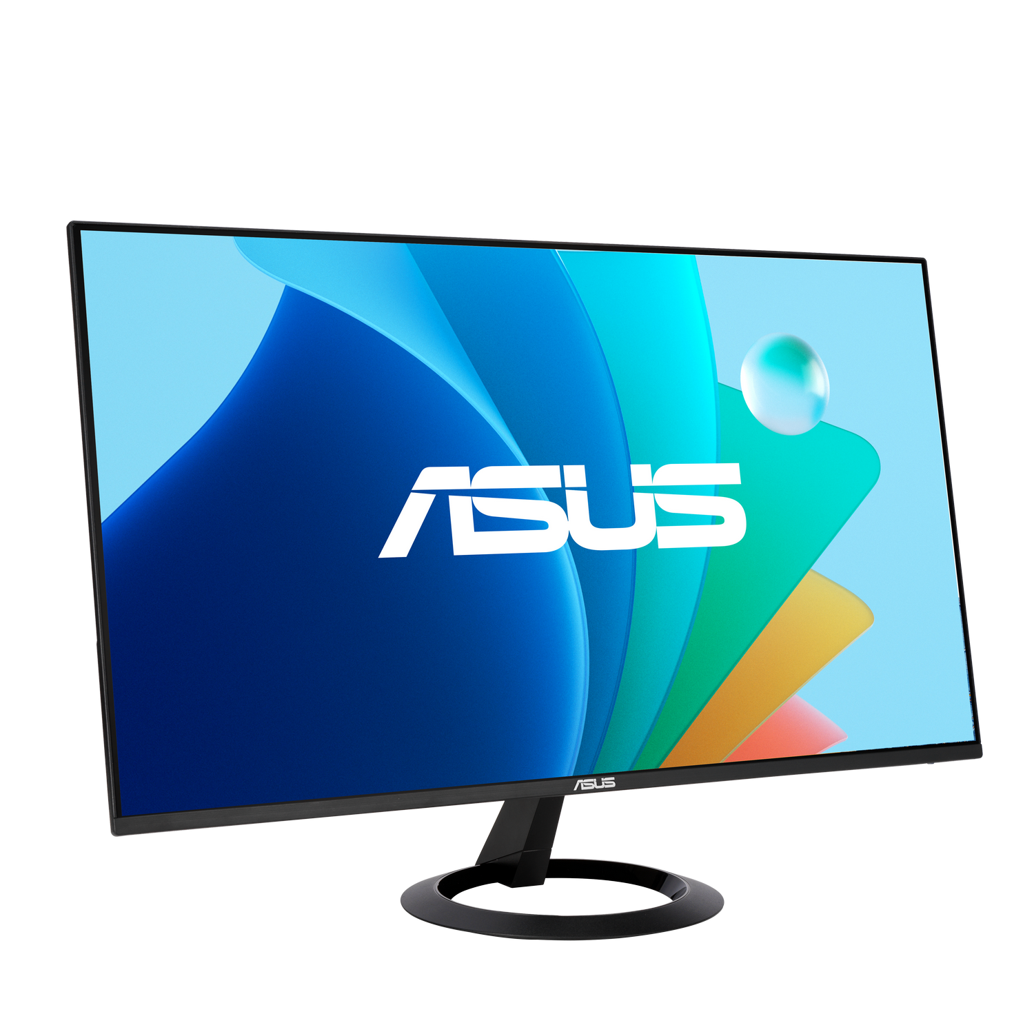 Un monitor ASUS con fondo azul y curvas coloridas.