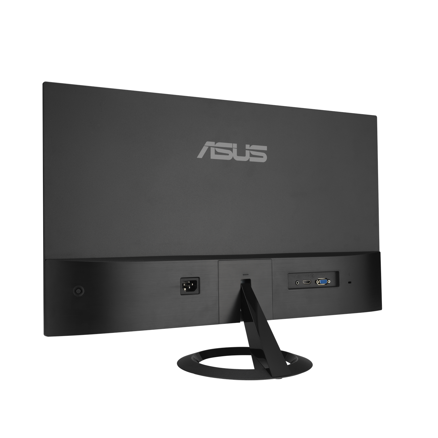 Vista trasera de un monitor ASUS negro con puertos y soporte. Logo sutil.