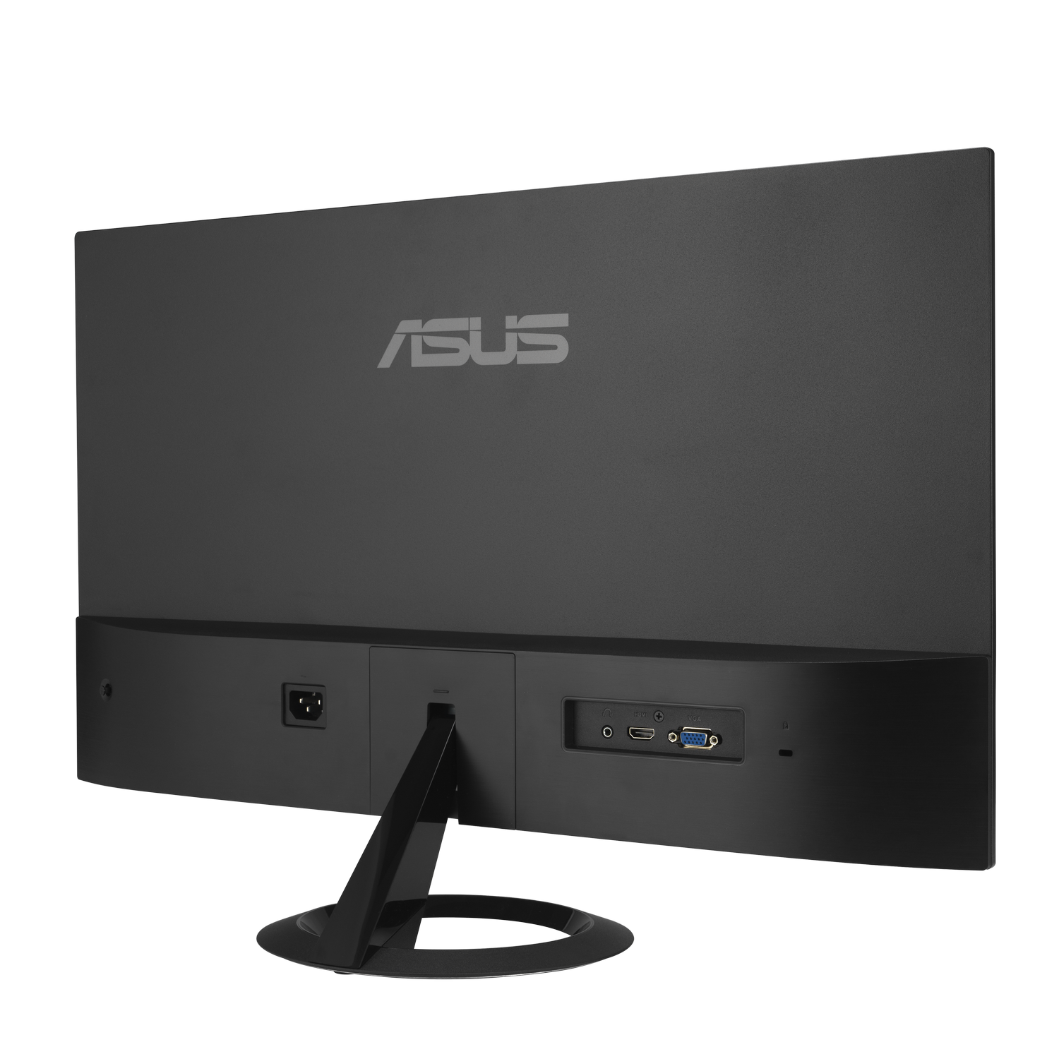 Parte trasera de un monitor ASUS negro mostrando puertos: alimentación AC, HDMI, VGA y audio.