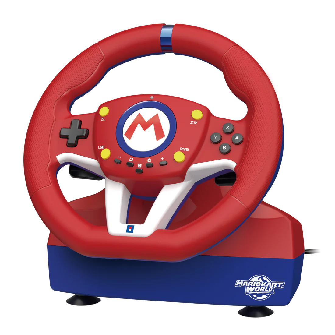 Un volante rojo de Mario Kart con base azul y logo de Mario.