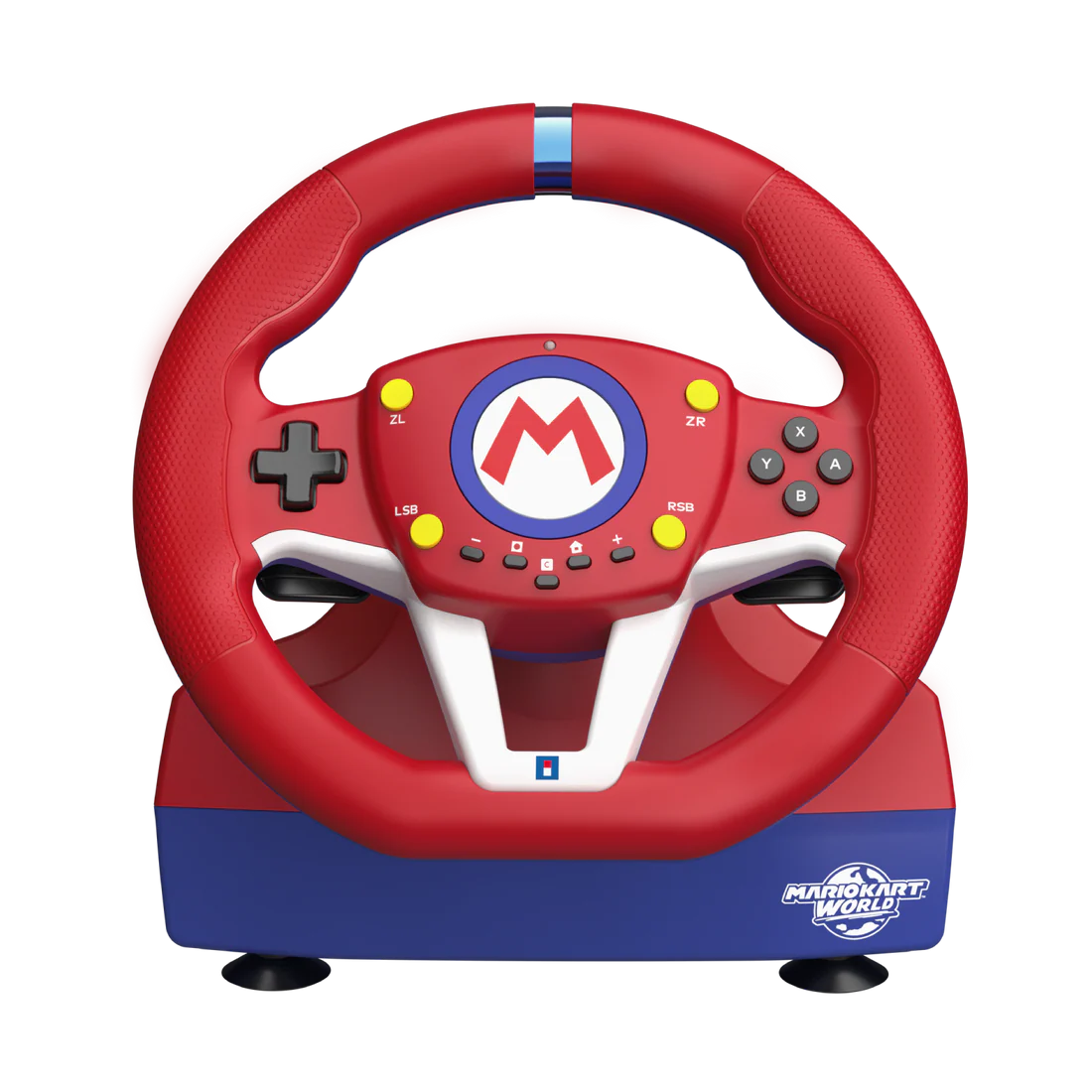 Volante rojo y azul de Mario Kart con logo de Mario, botones y agarres.