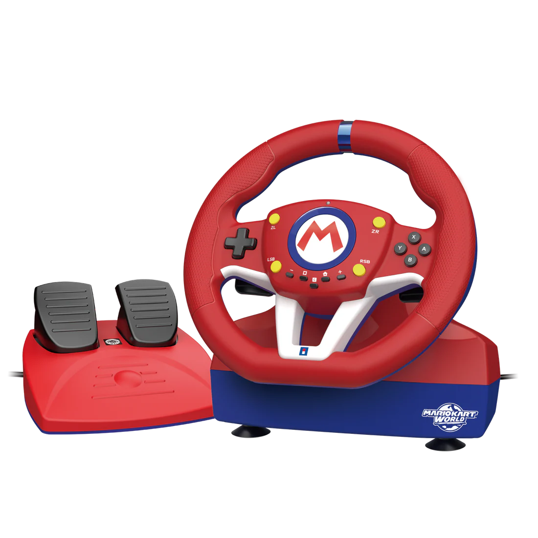 Un volante controlador de Mario Kart rojo y azul con pedales sobre fondo negro.