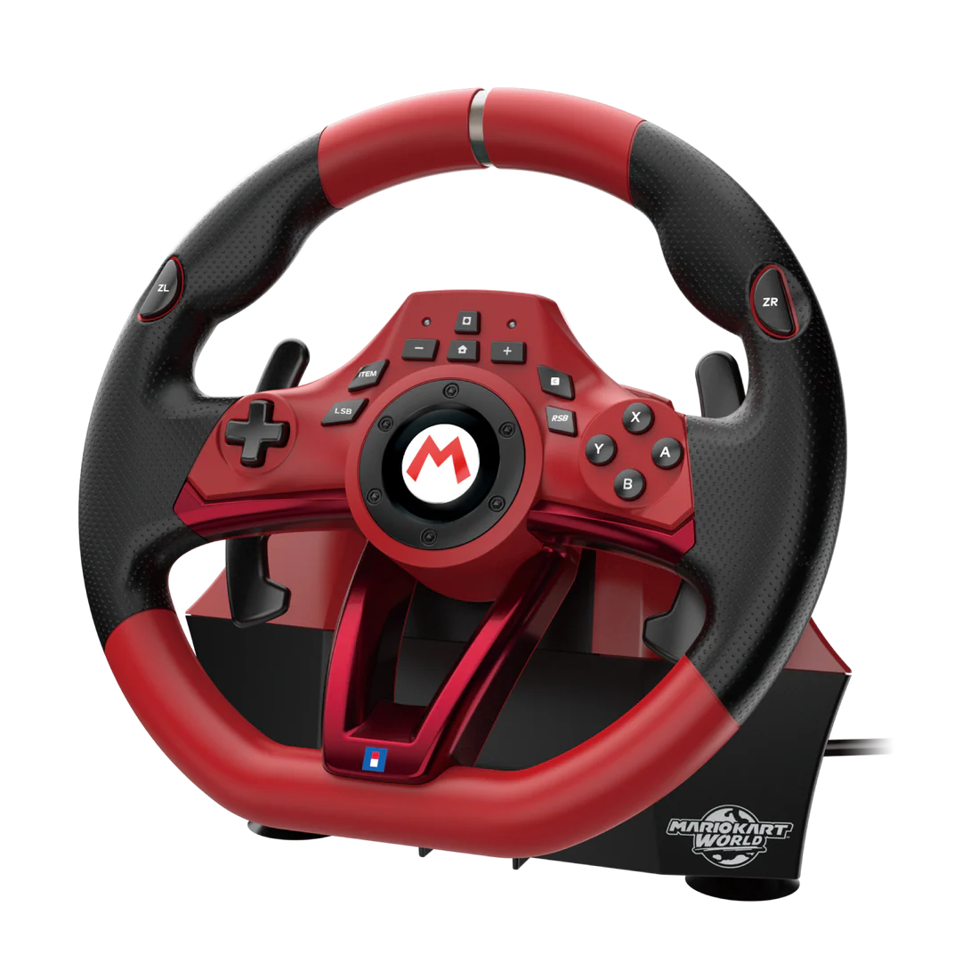 Un volante rojo y negro de Mario Kart con botones y un logo M.