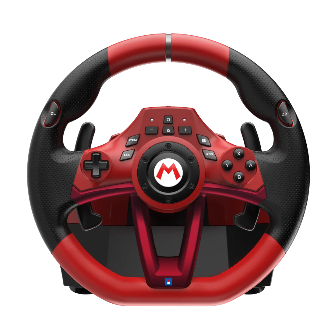 Volante de carreras rojo y negro de Mario Kart con botones y logo central de Mario.