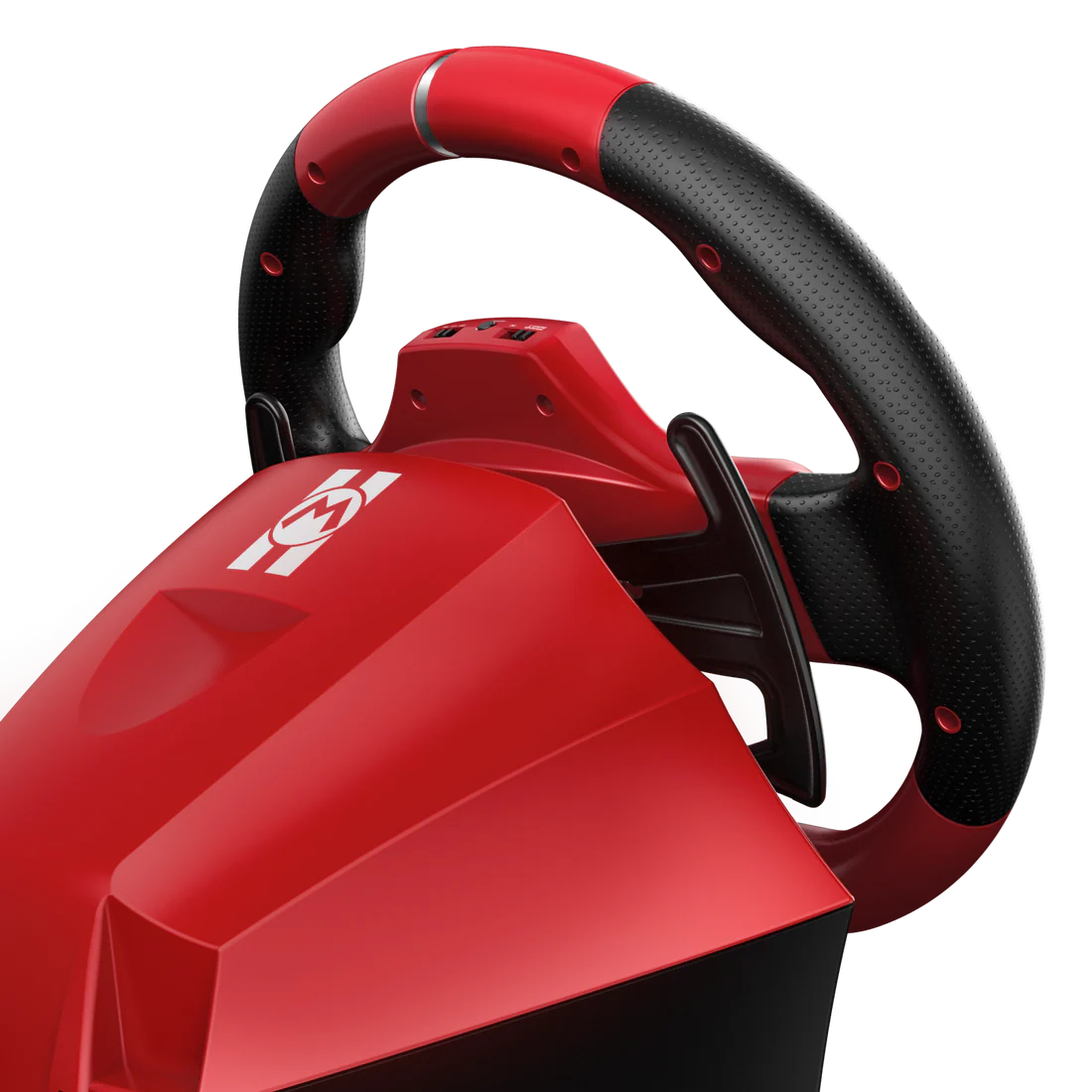 Un volante de carreras rojo con agarres negros y un logo blanco.