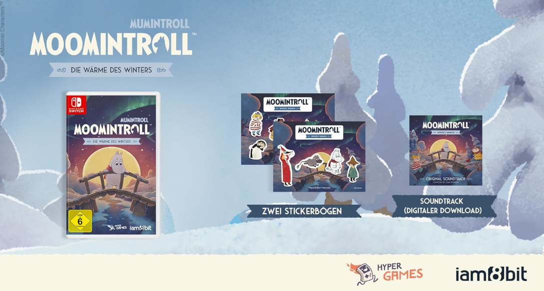 Moomintroll-Spiel, Stickerbögen und Soundtrack auf verschneitem Hintergrund.