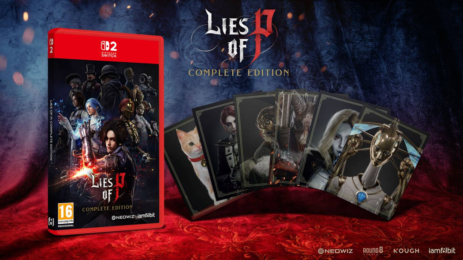 Juego Switch Lies of P Complete Edition y cartas coleccionables en terciopelo rojo.
