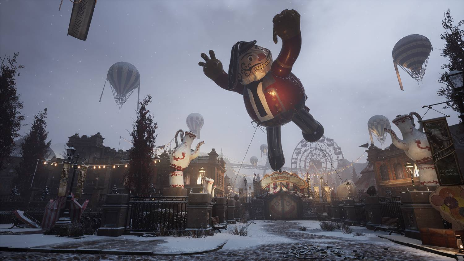 Una escena de carnaval nevada con un globo gigante con forma de figura, globos aerostáticos y una noria.