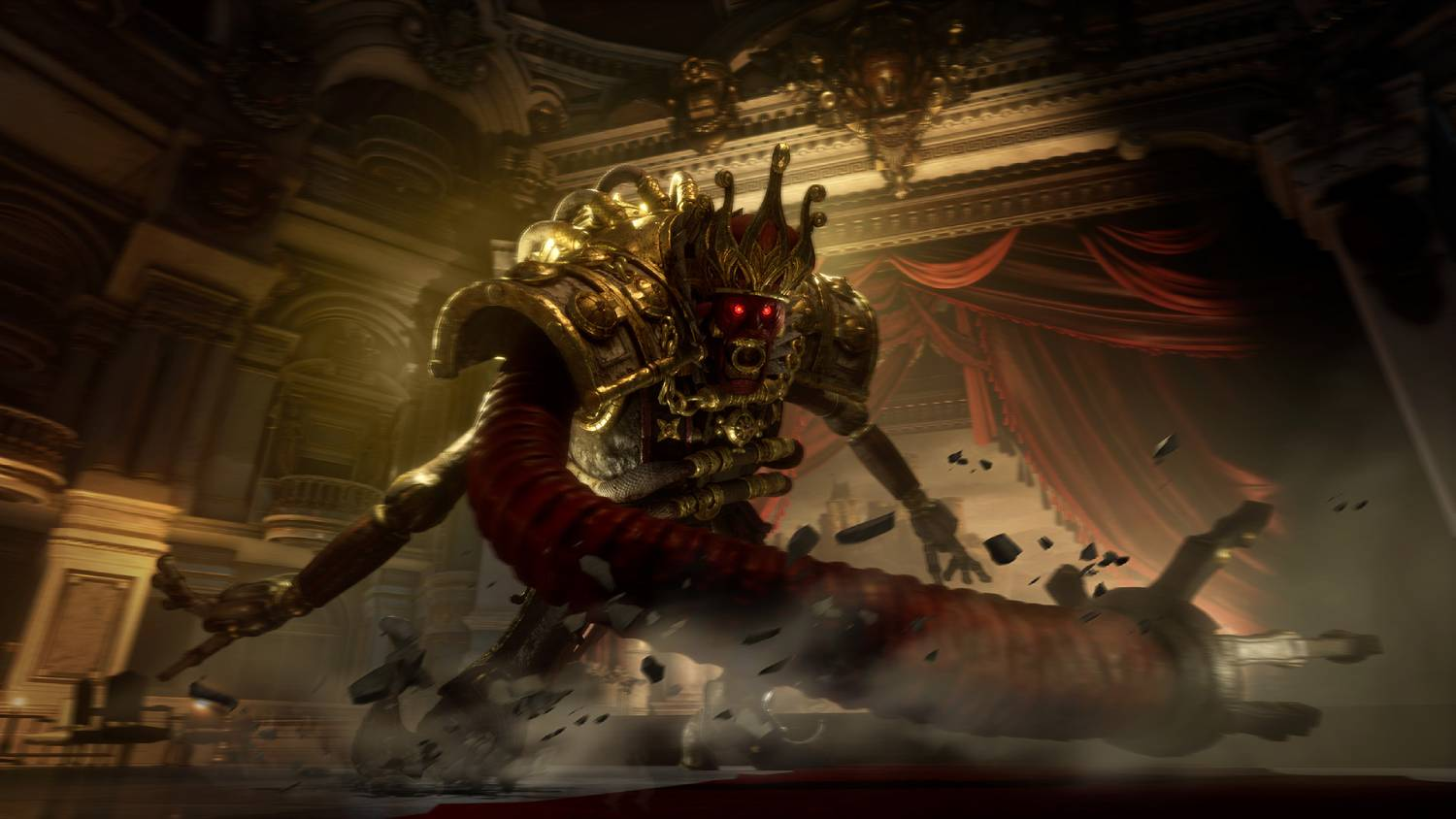 Un demonio dorado con ojos rojos en una sala suntuosa.