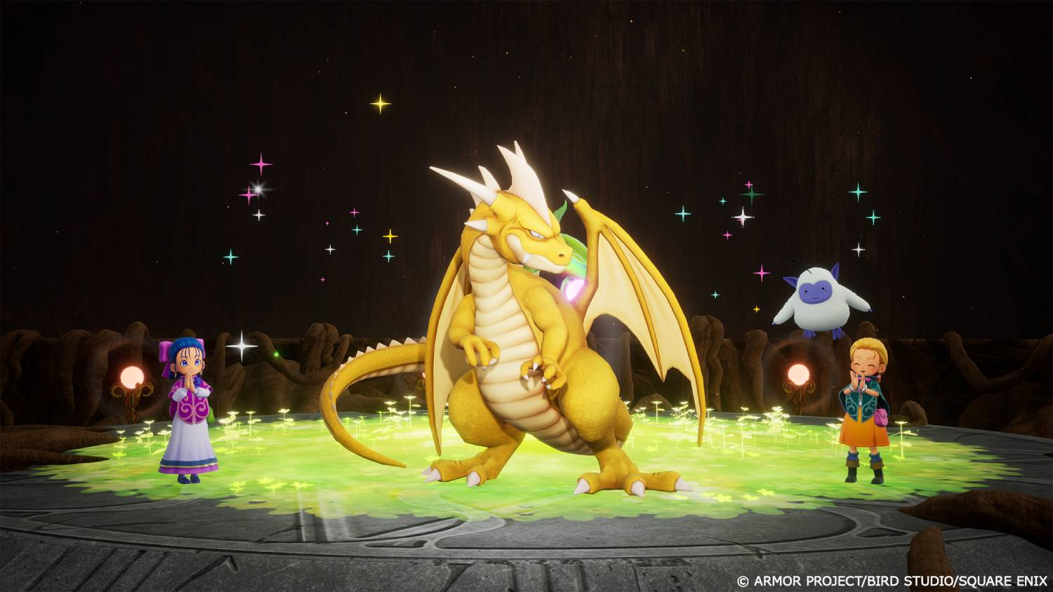 Un dragón amarillo está sobre una plataforma brillante con dos niños y una criatura blanca.