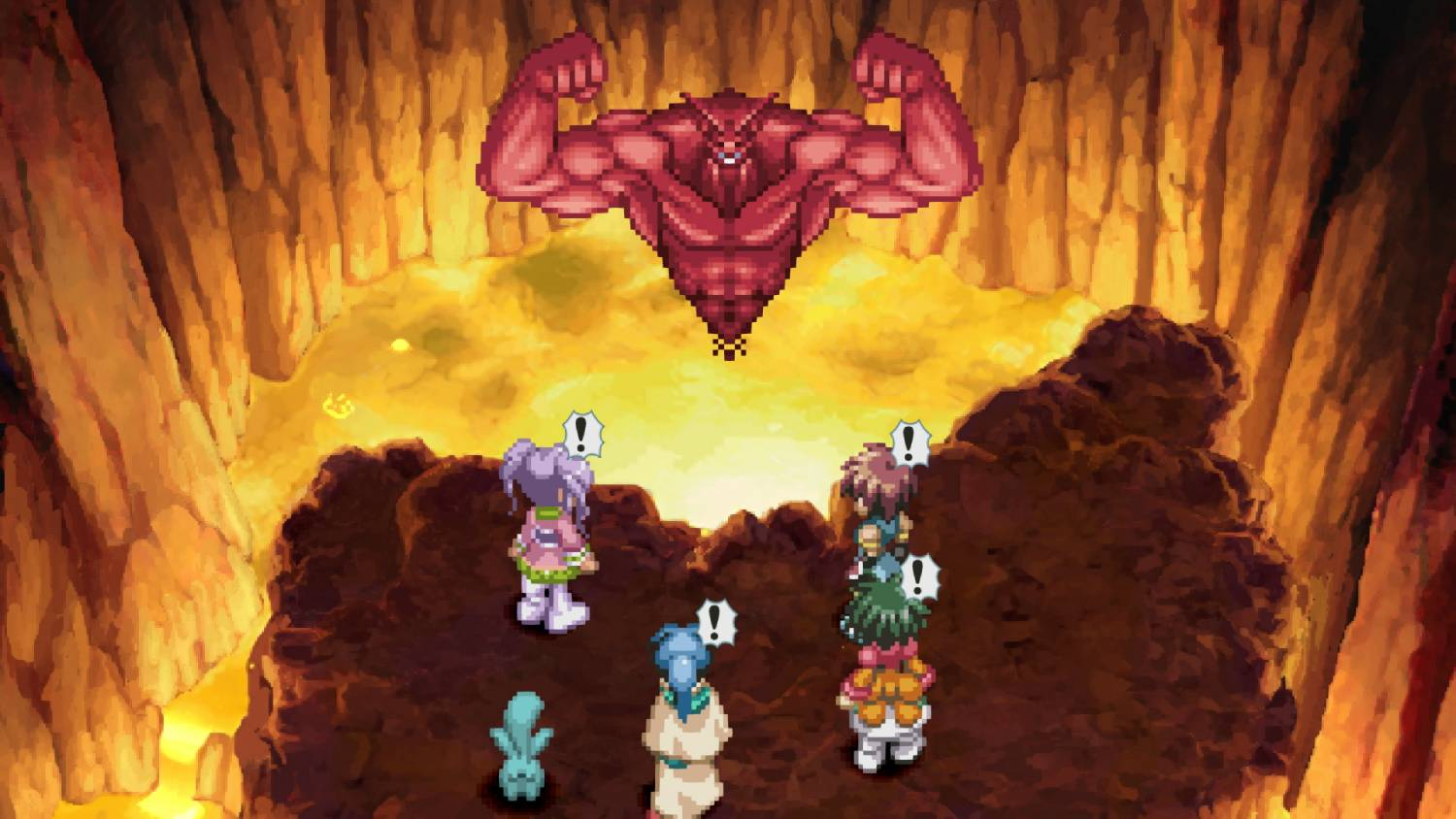 Una figura de demonio rojo se cierne sobre un grupo de personajes en una cueva.