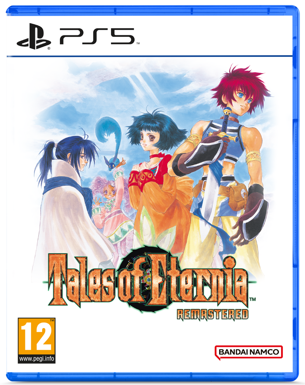 Portada del juego PS5 "Tales of Eternia Remastered" con personajes de anime ante cielo azul.