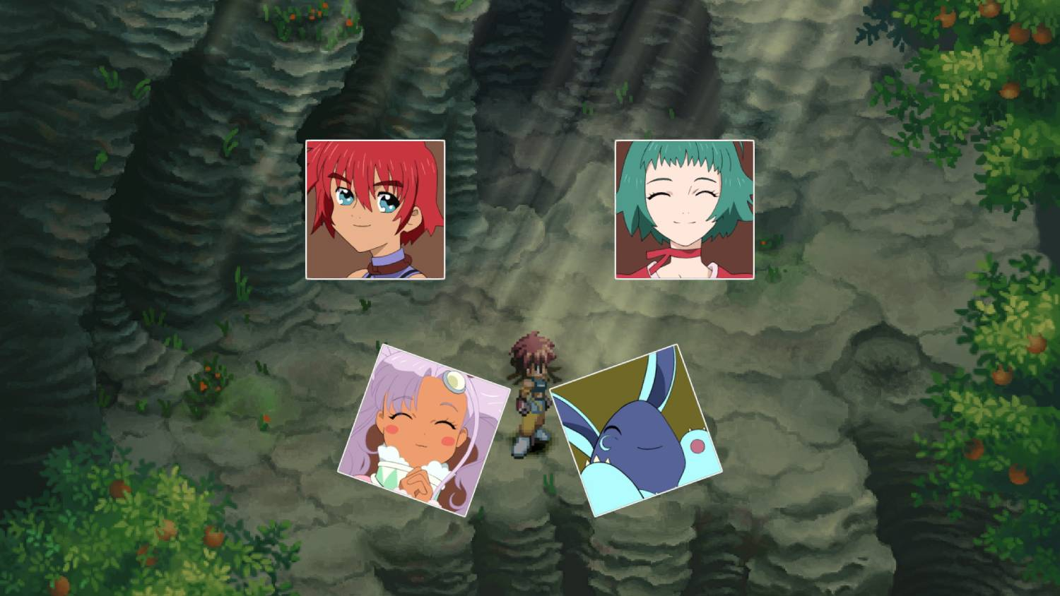 Un personaje pixelado en una cueva con cuatro retratos de personajes de anime.