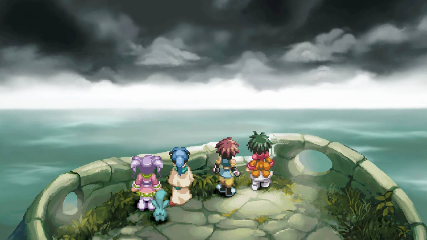 Cuatro personajes pixelados están en una plataforma de piedra junto al mar bajo nubes oscuras.