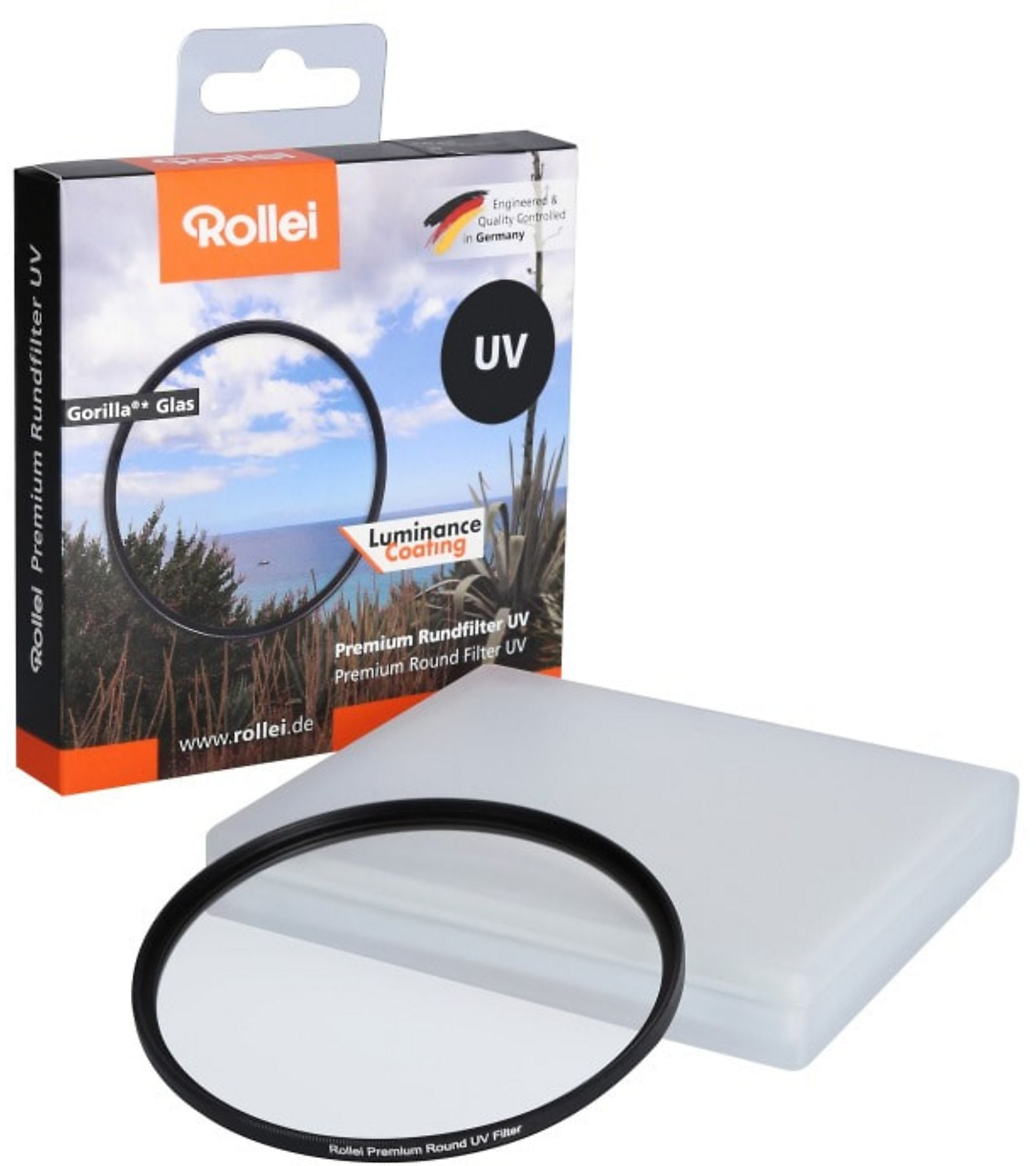 Filtre rond UV Rollei avec étui de protection et emballage.