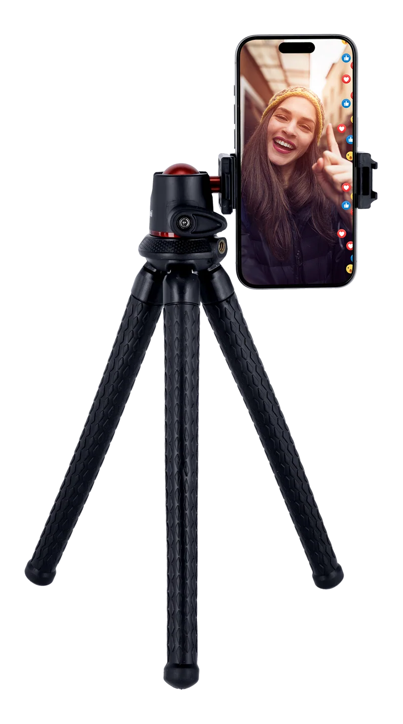Un trépied noir flexible tient un smartphone affichant une femme souriante.