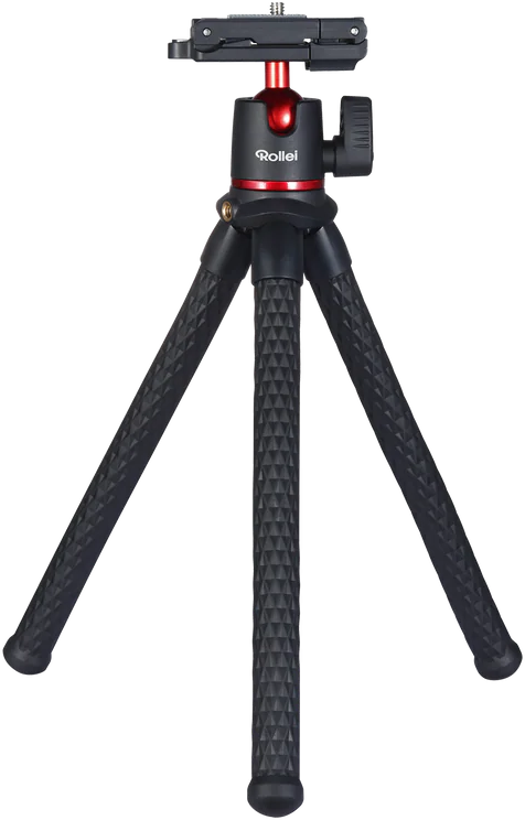 Un trépied Rollei noir compact avec des accents rouges et des pieds flexibles.