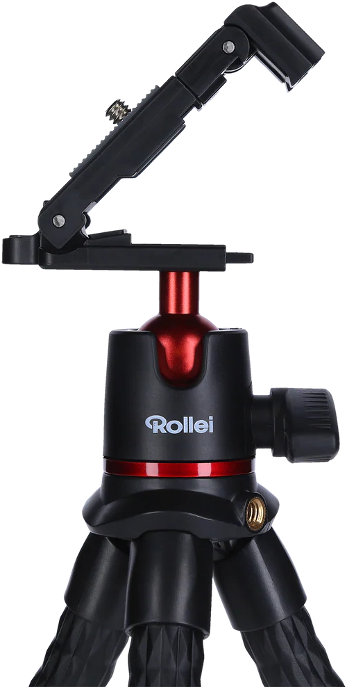 Une tête de mini trépied Rollei noire avec accent rouge et support de téléphone.